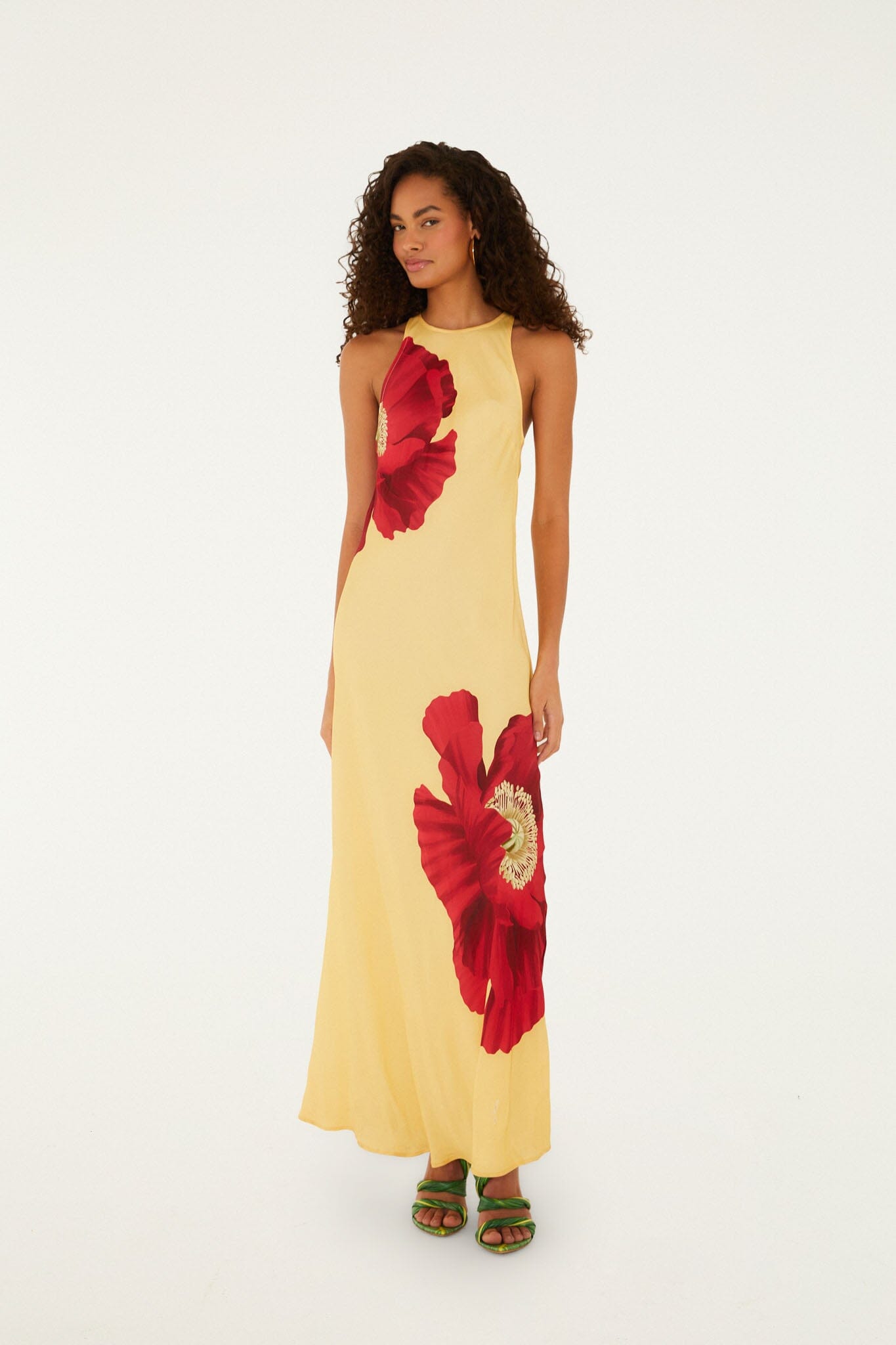 FARM Rio model wearing the Light Yellow Poppy Flowers Sleeveless Lenzing Ecovero Viscose Maxi Dress