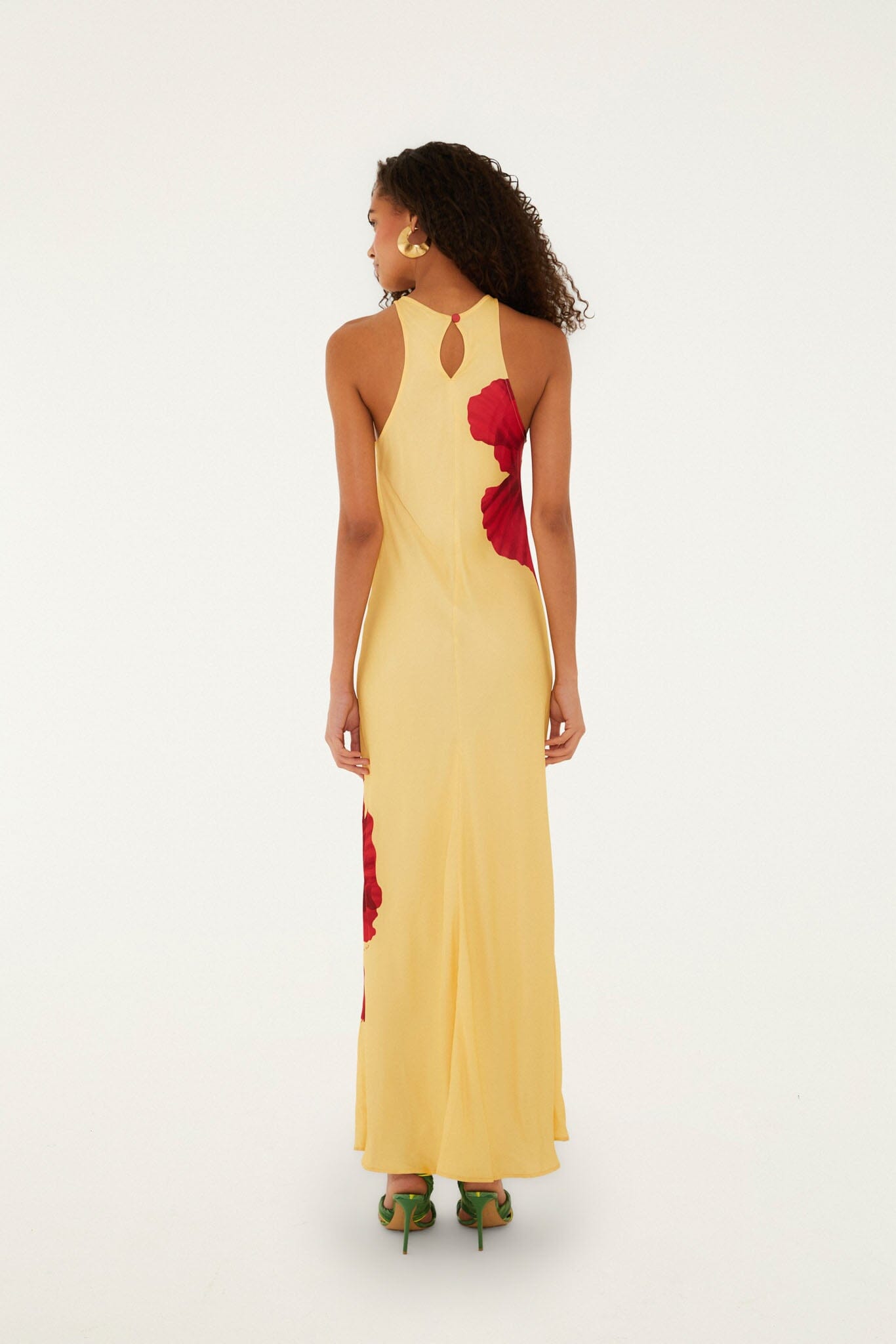 FARM Rio model wearing the Light Yellow Poppy Flowers Sleeveless Lenzing Ecovero Viscose Maxi Dress