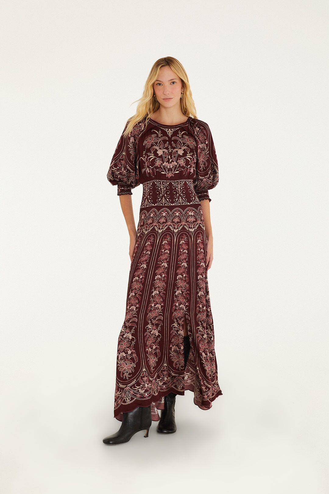 FARM Rio model wearing the Liz Burgundy Maxi Dress