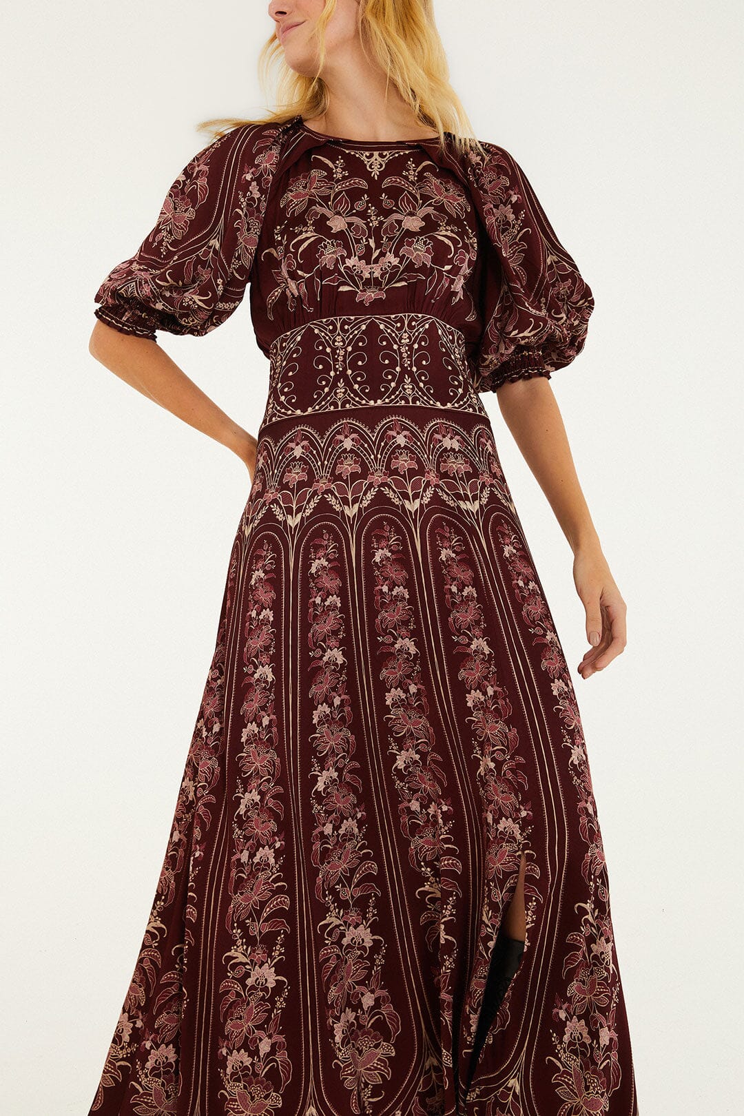 FARM Rio model wearing the Liz Burgundy Maxi Dress