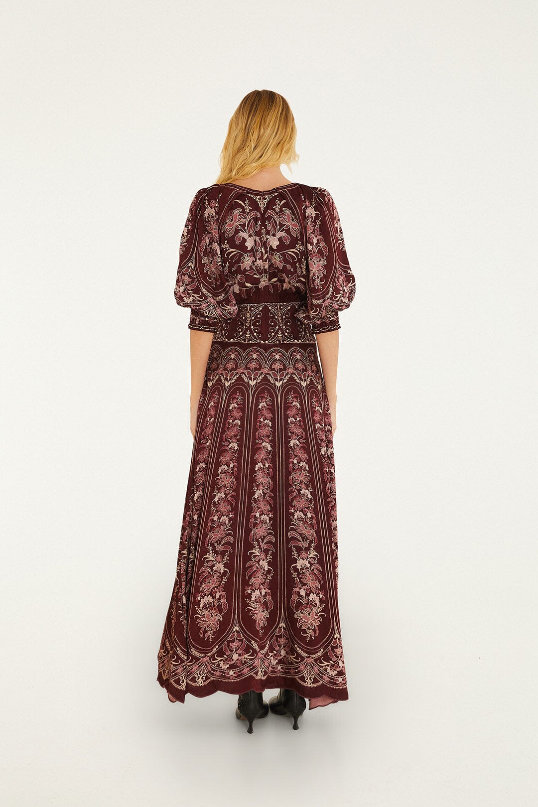 FARM Rio model wearing the Liz Burgundy Maxi Dress