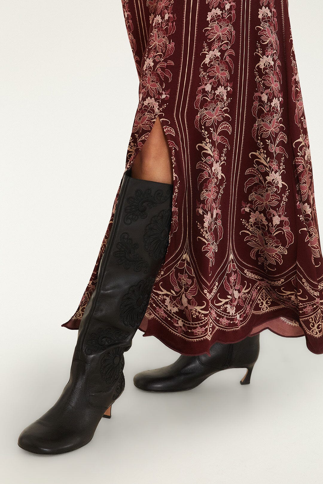 FARM Rio model wearing the Liz Burgundy Maxi Dress