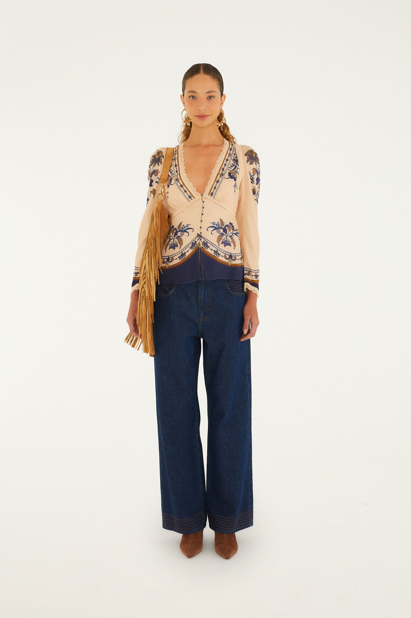 FARM Rio model wearing the Liz Lace Buttoned Blouse