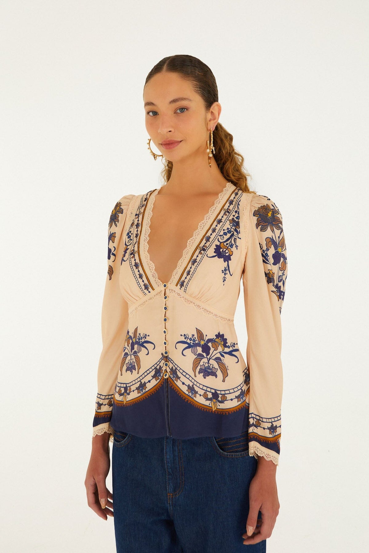 FARM Rio model wearing the Liz Lace Buttoned Blouse
