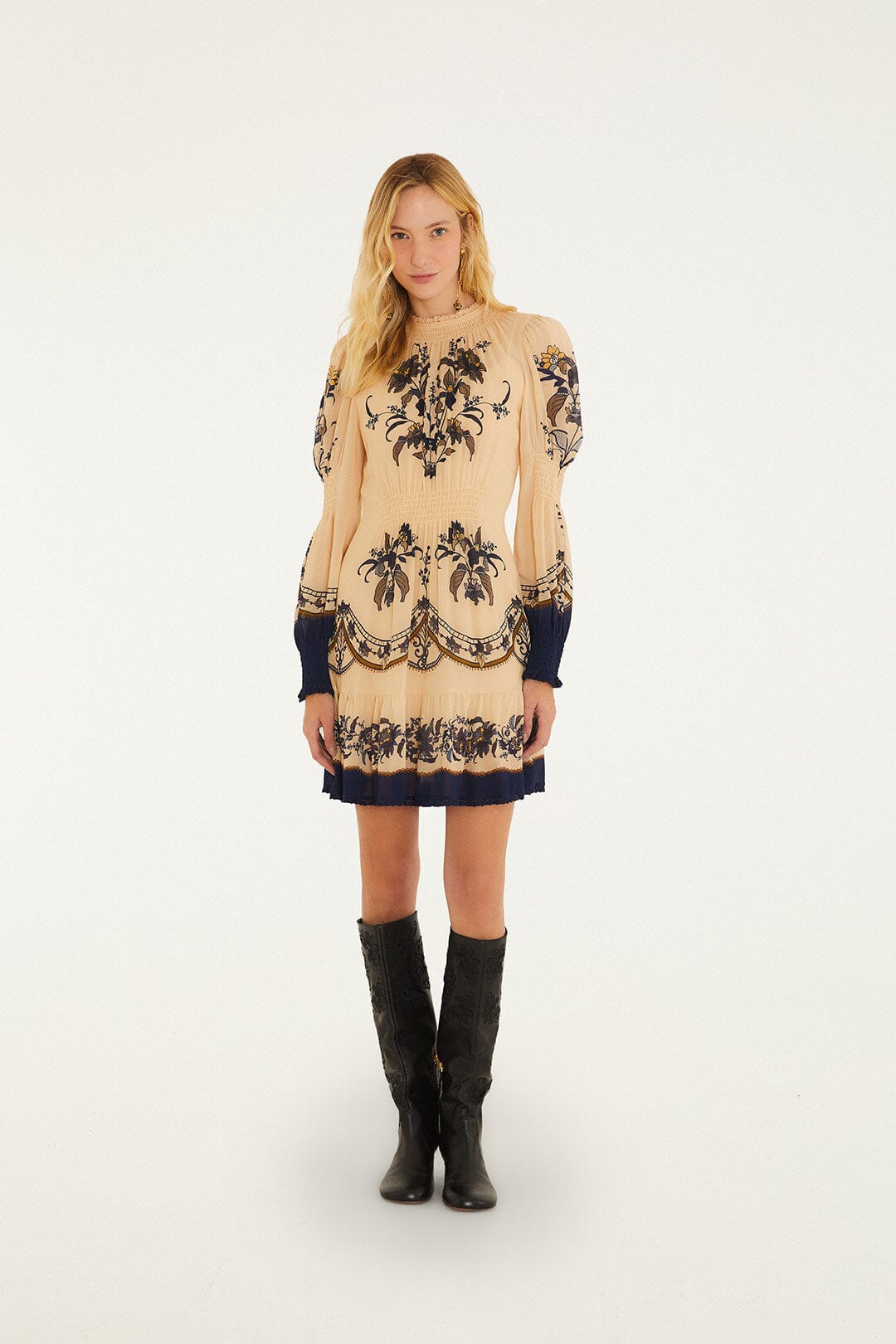 FARM Rio model wearing the Liz Long Sleeve Mini Dress