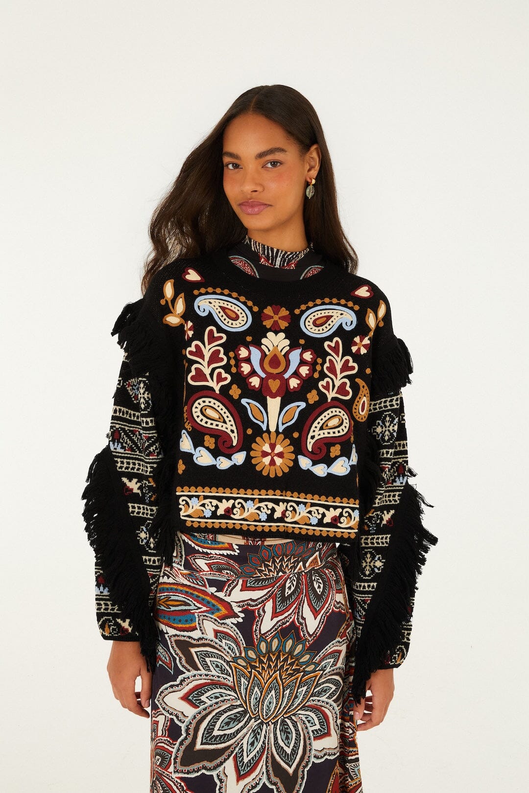 FARM Rio model wearing the Love Paisley Cornelli Fringe Knit Sweater