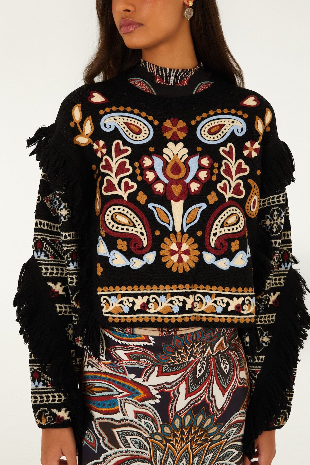 FARM Rio model wearing the Love Paisley Cornelli Fringe Knit Sweater