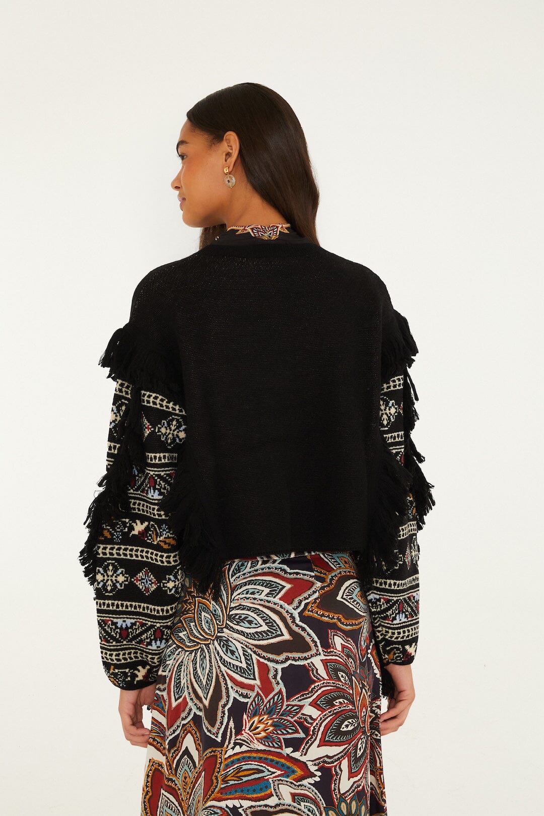 FARM Rio model wearing the Love Paisley Cornelli Fringe Knit Sweater
