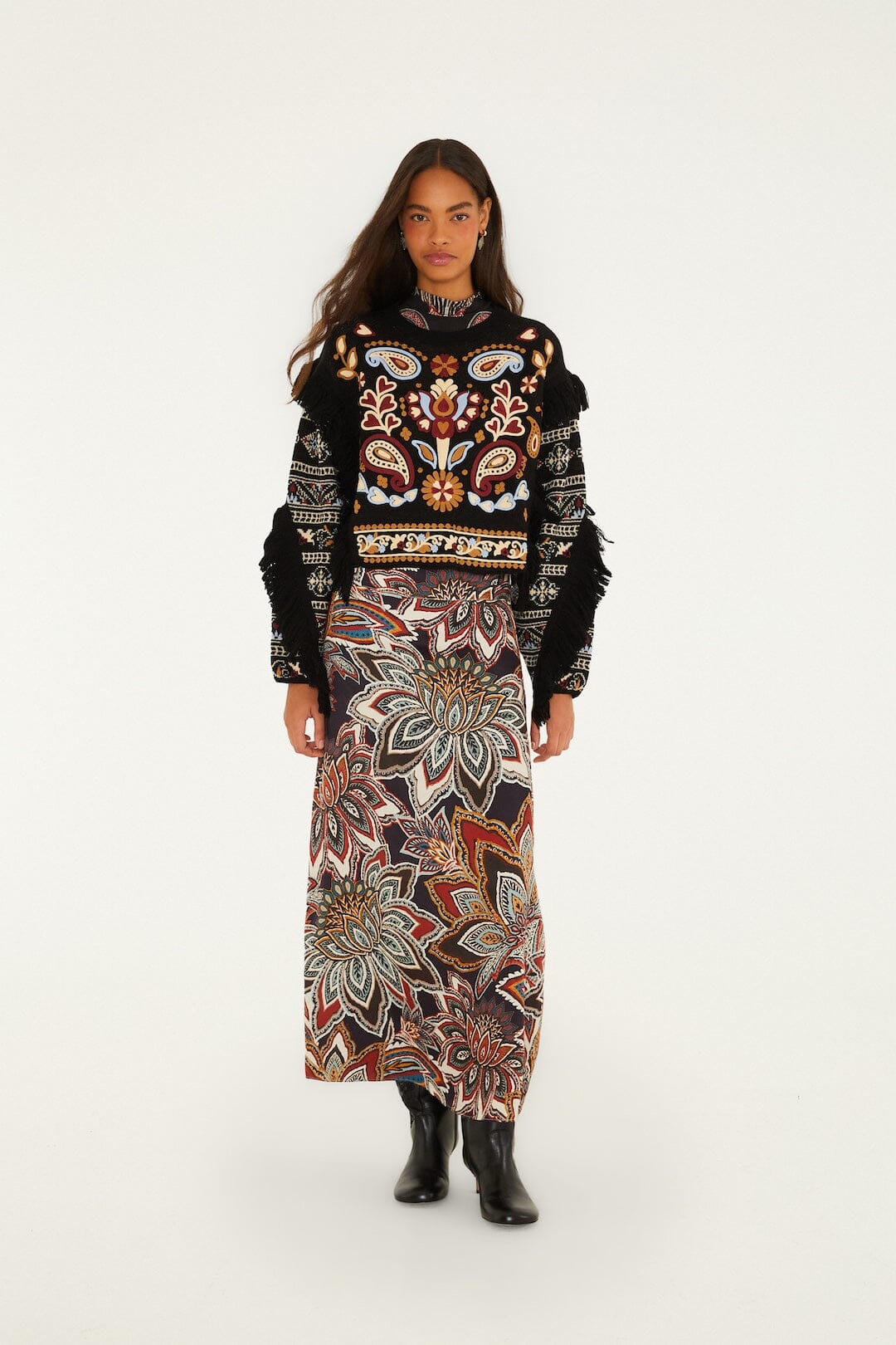 FARM Rio model wearing the Love Paisley Cornelli Fringe Knit Sweater