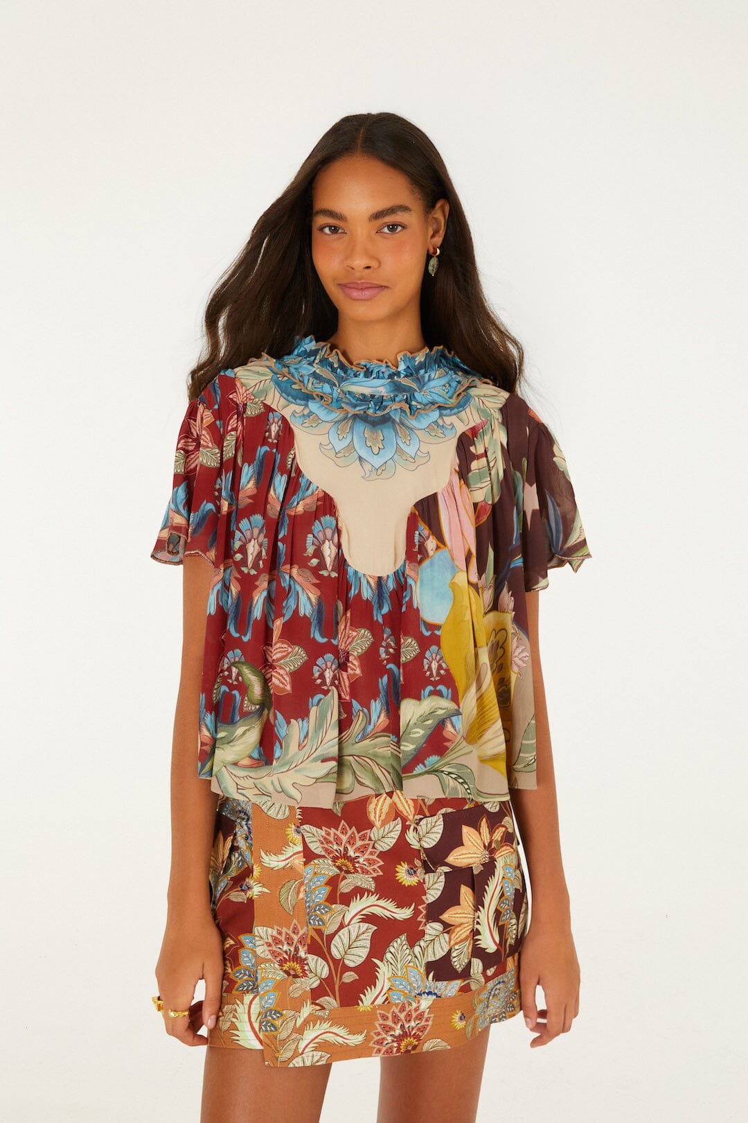 FARM Rio model wearing the Lunar Boho Short Sleeve Blouse