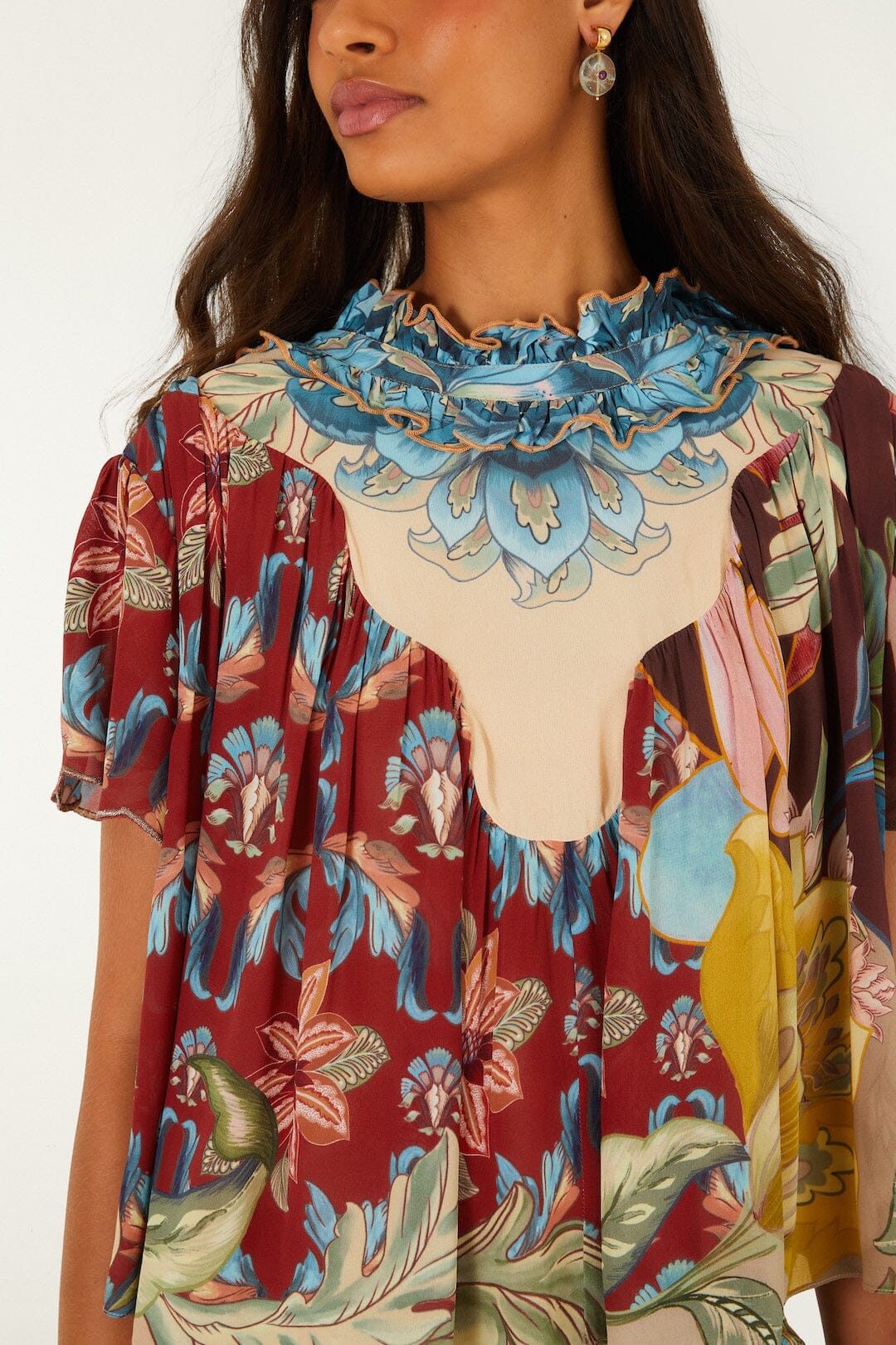 FARM Rio model wearing the Lunar Boho Short Sleeve Blouse
