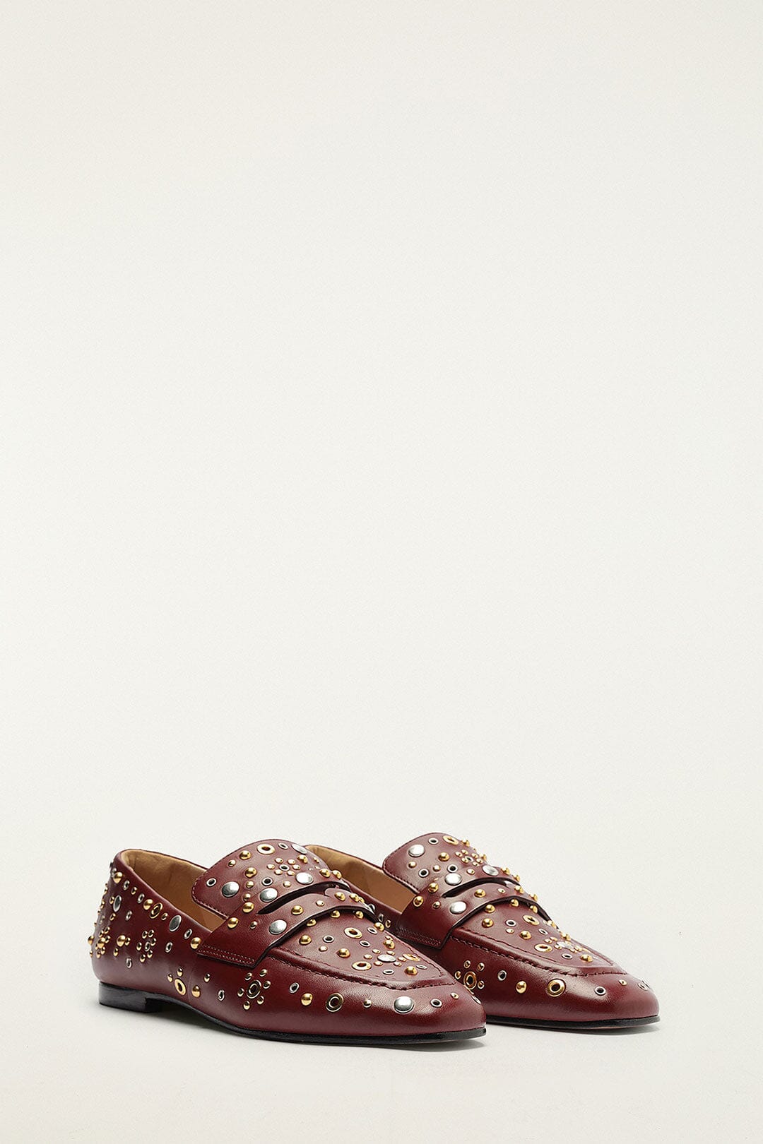 FARM Rio model wearing the Marsala Studded Loafer