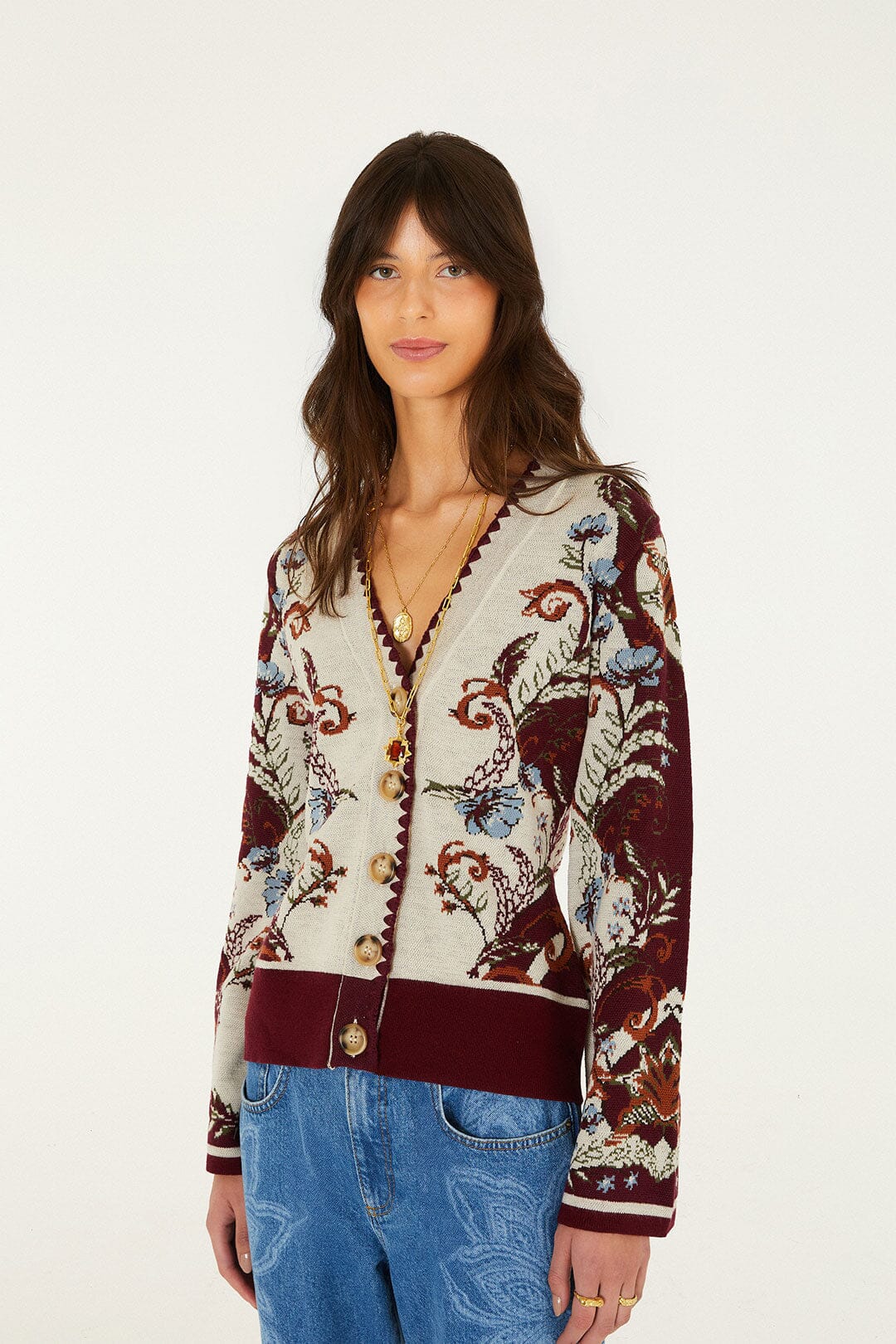 FARM Rio model wearing the Millena Buttoned Knit Cardigan