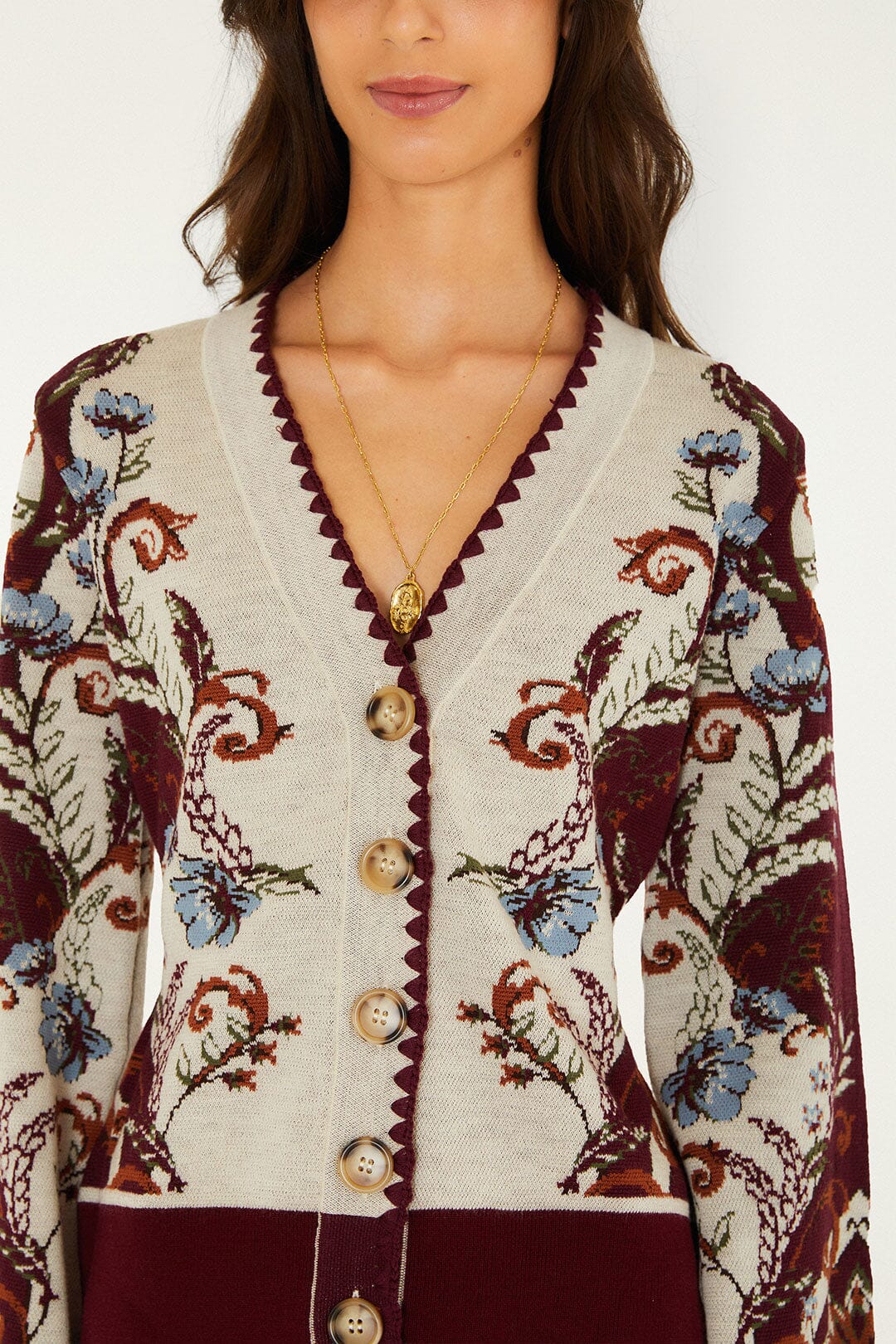FARM Rio model wearing the Millena Buttoned Knit Cardigan