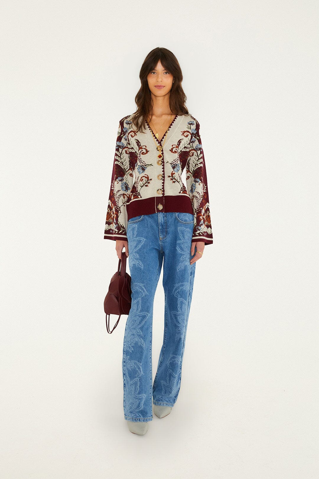 FARM Rio model wearing the Millena Buttoned Knit Cardigan