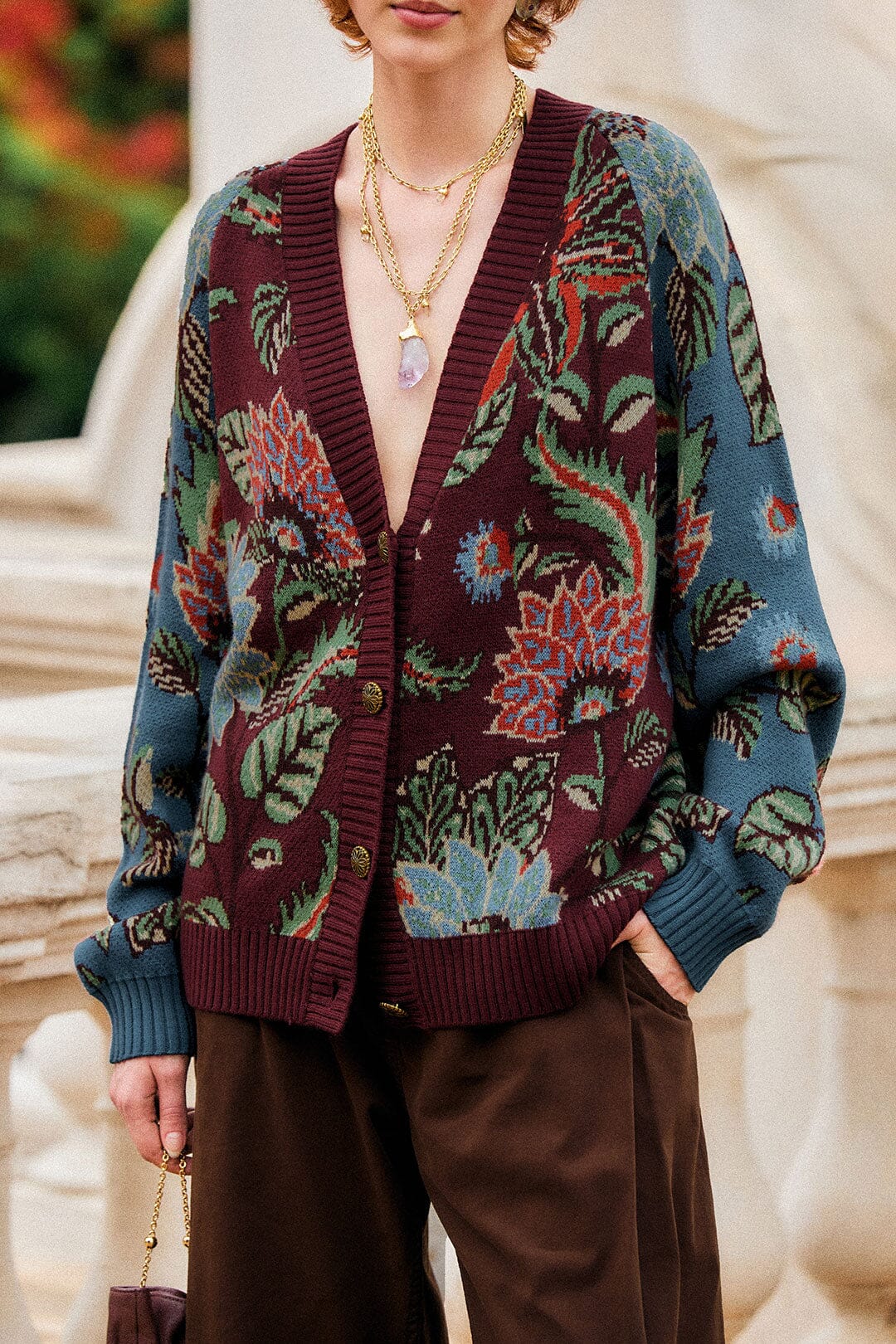 FARM Rio model wearing the Mixed Delhi Floral Buttoned Knit Cardigan