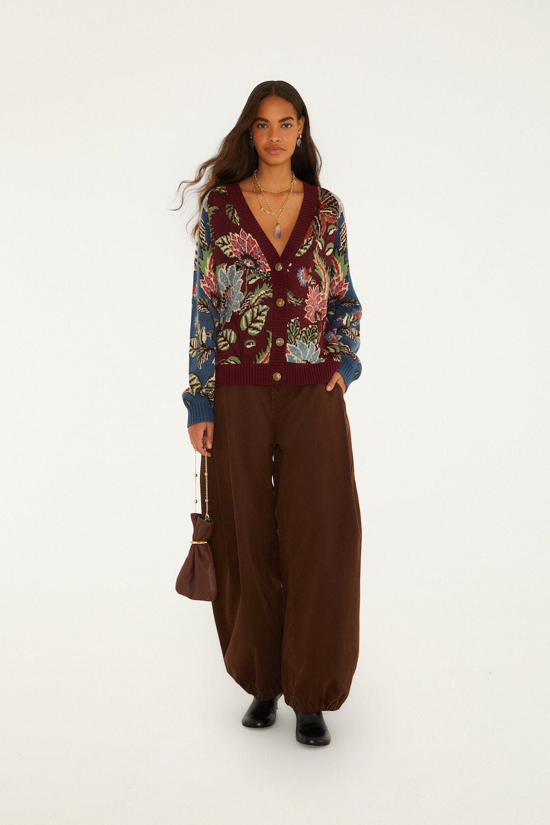 FARM Rio model wearing the Mixed Delhi Floral Buttoned Knit Cardigan