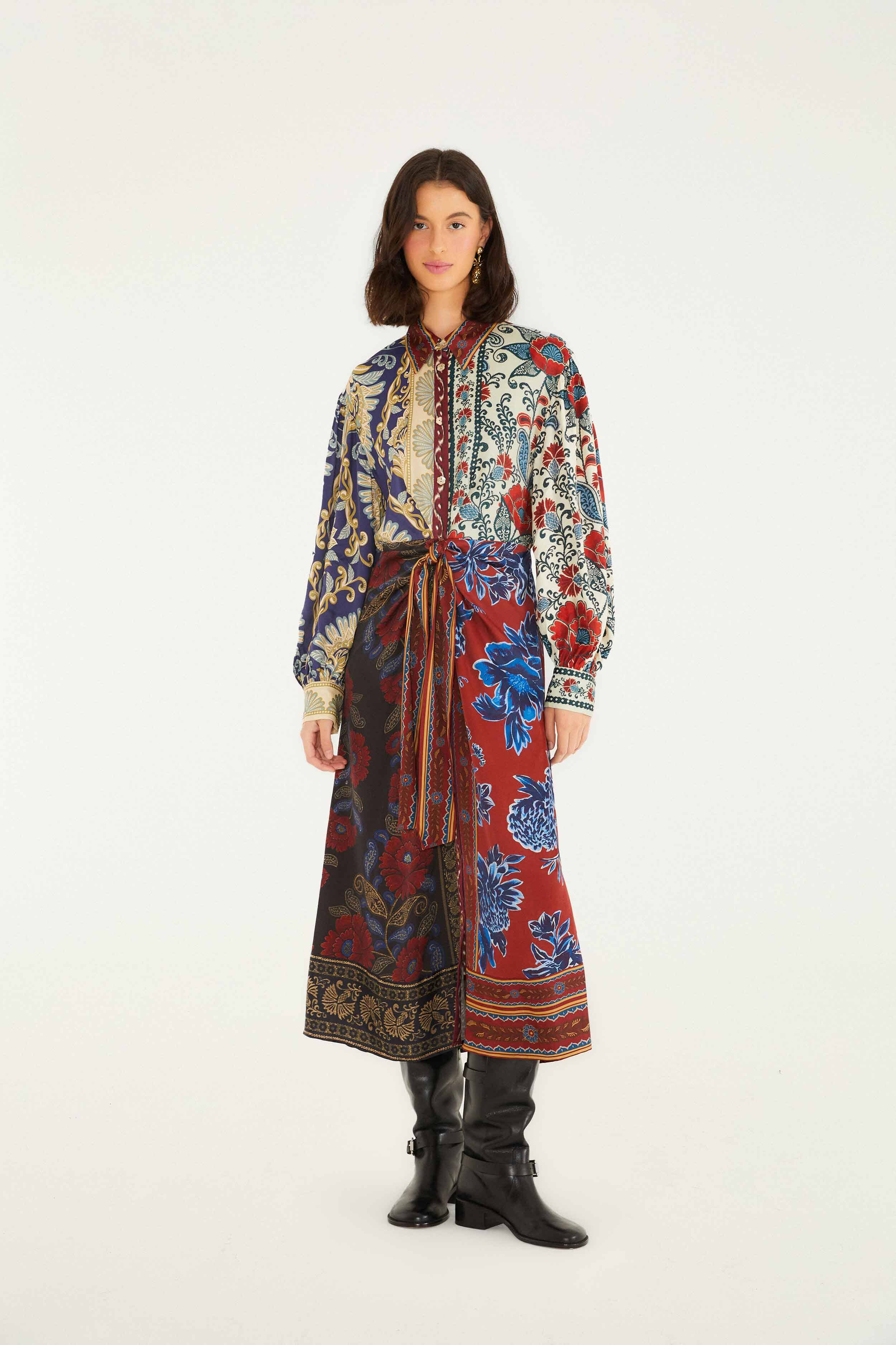 Farm Rio Women's Winter Mix Long Sleeve Midi Shirtdress - Red - Casual Dresses Mixed Navy Winter Lenzing® Ecovero® Viscose Midi Dress | FARM Rio