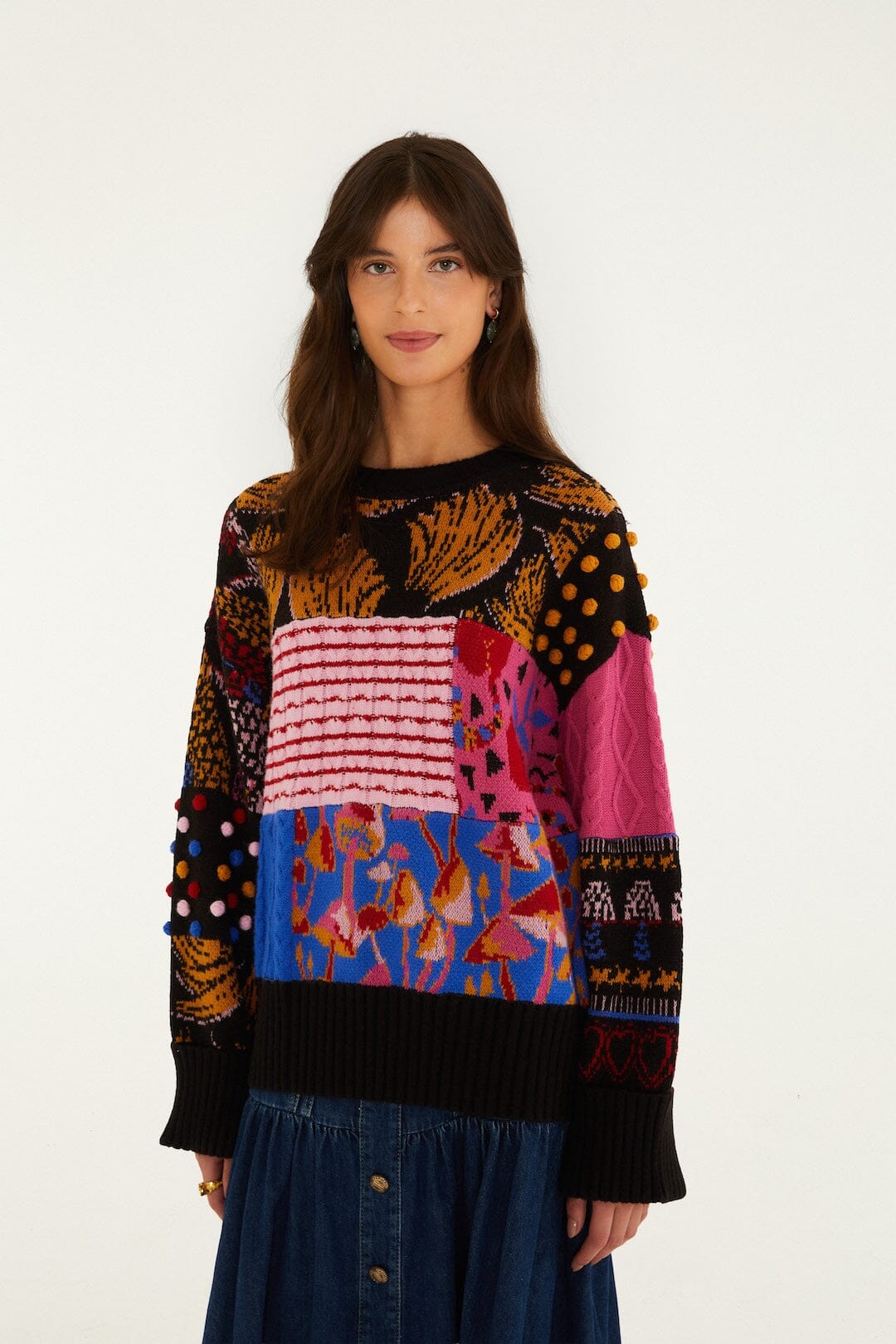 FARM Rio model wearing the Mixed Patchwork Balls Knit Sweater