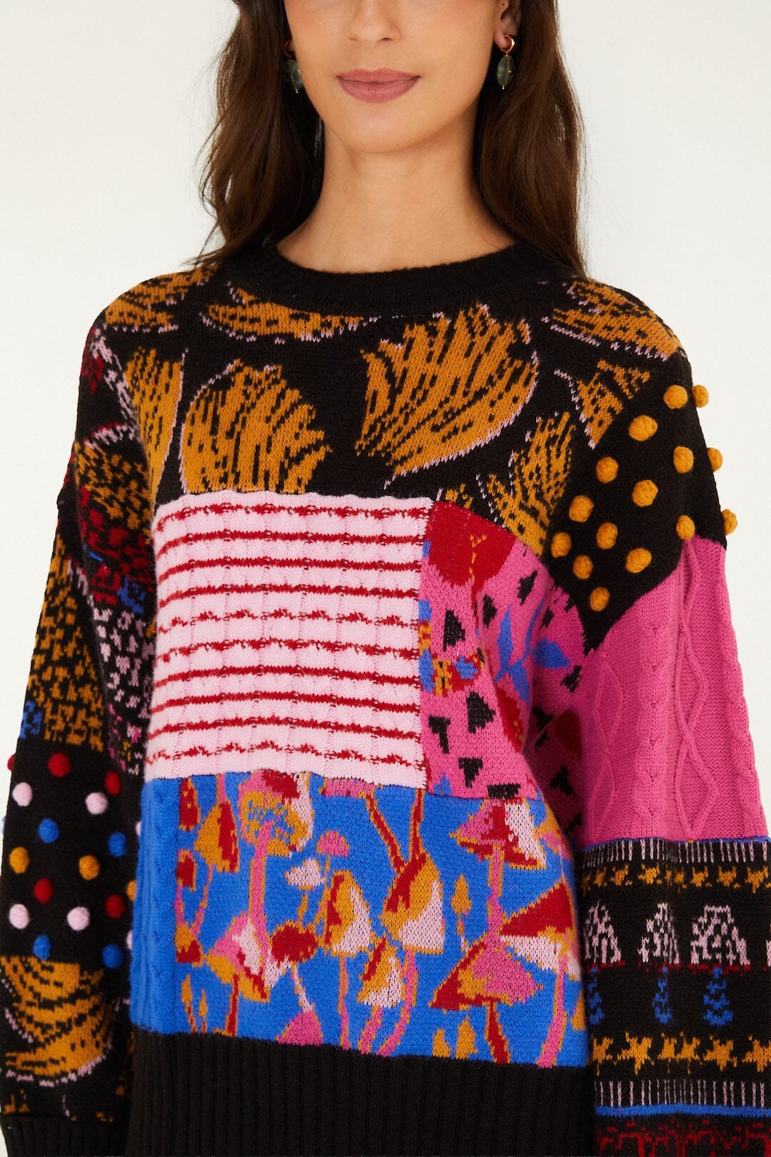FARM Rio model wearing the Mixed Patchwork Balls Knit Sweater