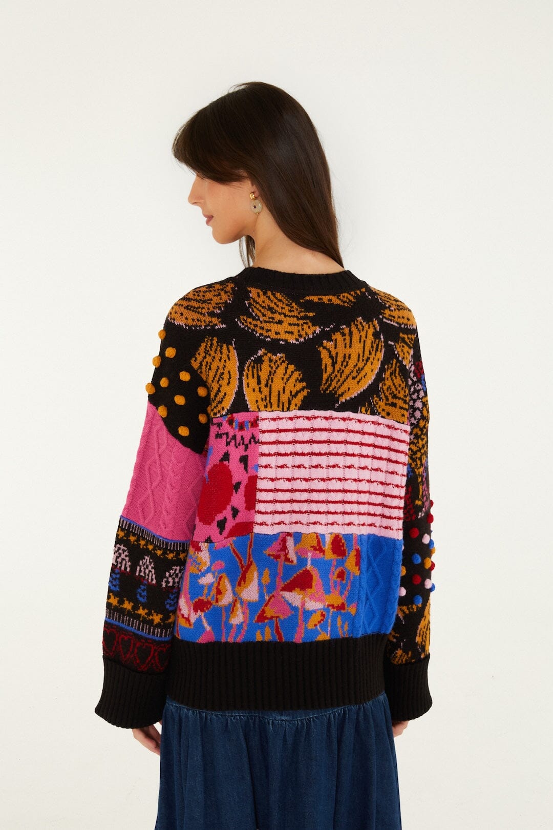 FARM Rio model wearing the Mixed Patchwork Balls Knit Sweater