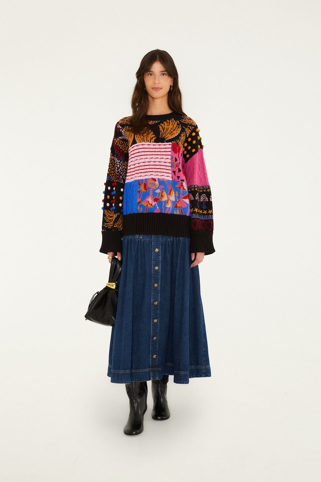 FARM Rio model wearing the Mixed Patchwork Balls Knit Sweater