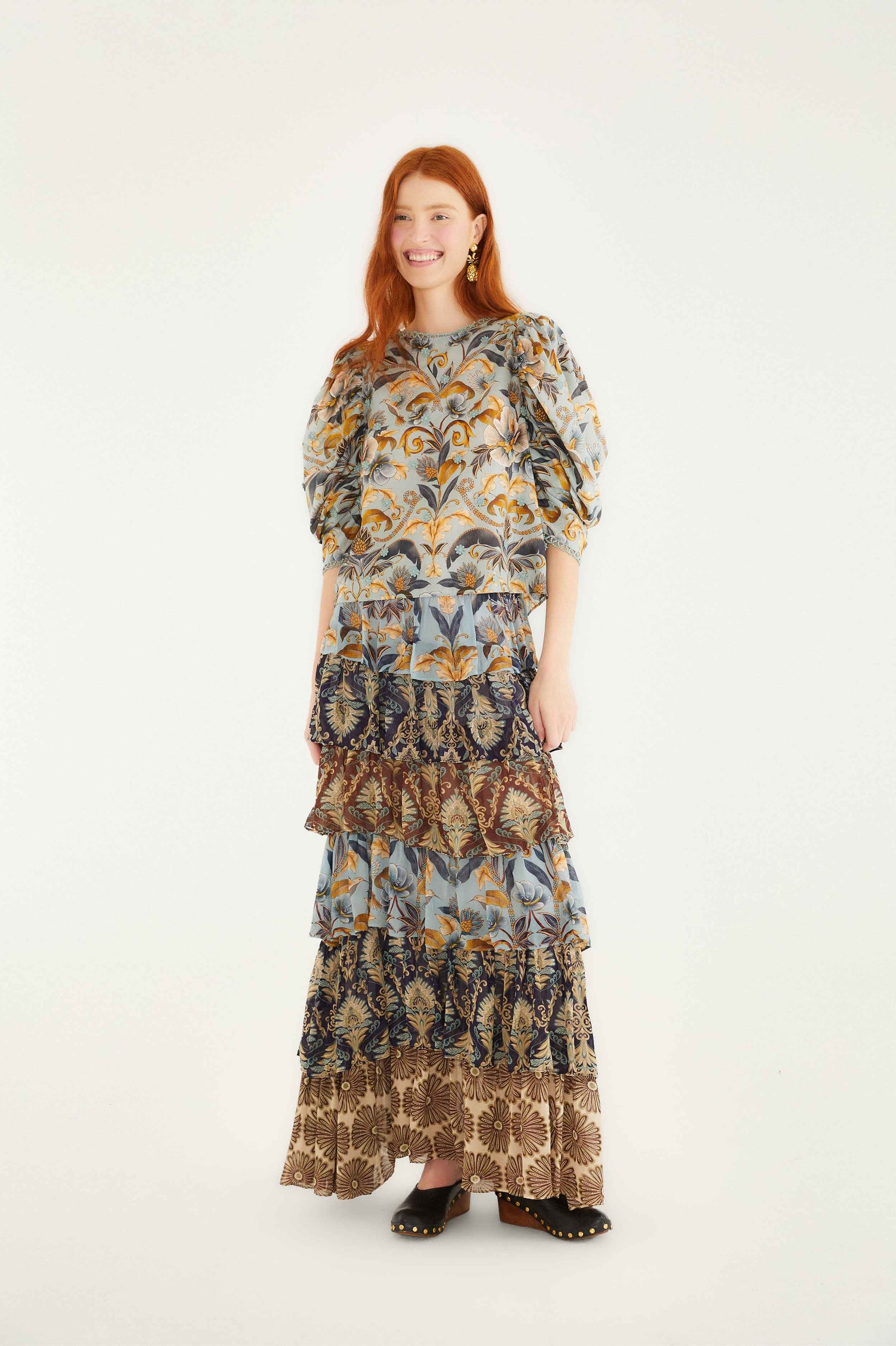 FARM Rio model wearing the Mixed Scarves Ruffled Maxi Skirt