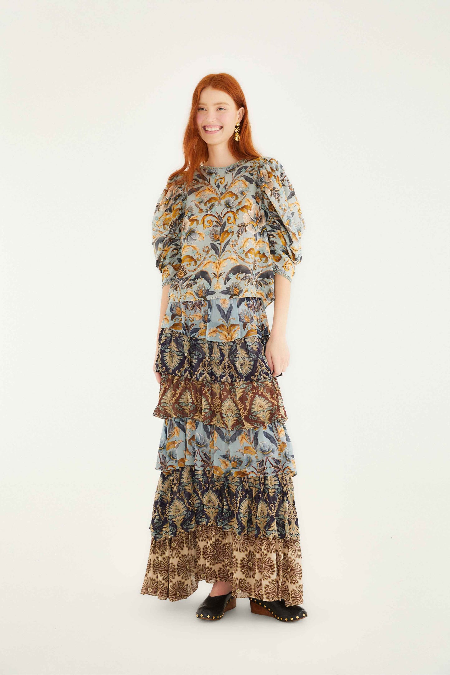 FARM Rio model wearing the Mixed Scarves Ruffled Maxi Skirt