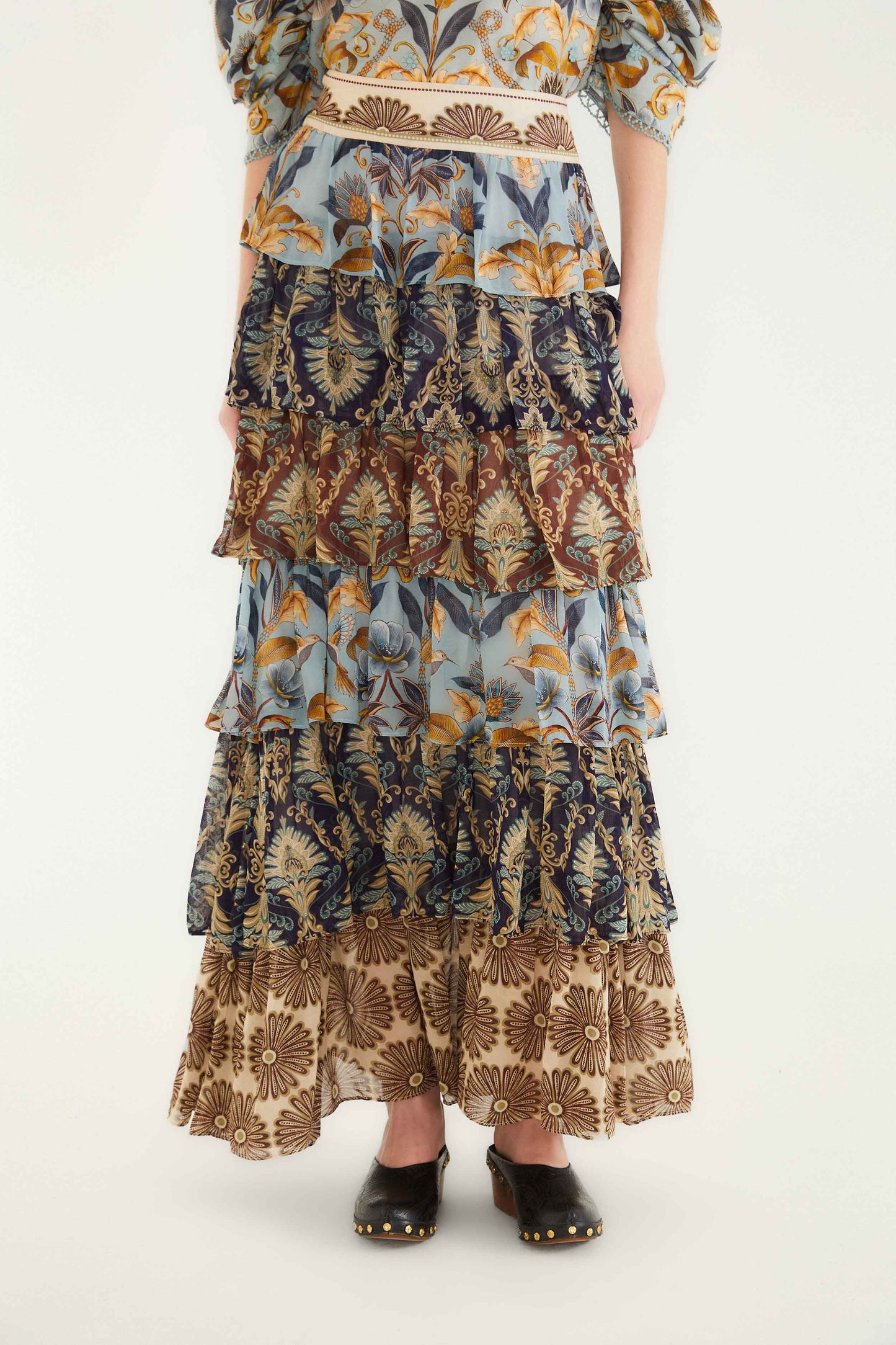 FARM Rio model wearing the Mixed Scarves Ruffled Maxi Skirt