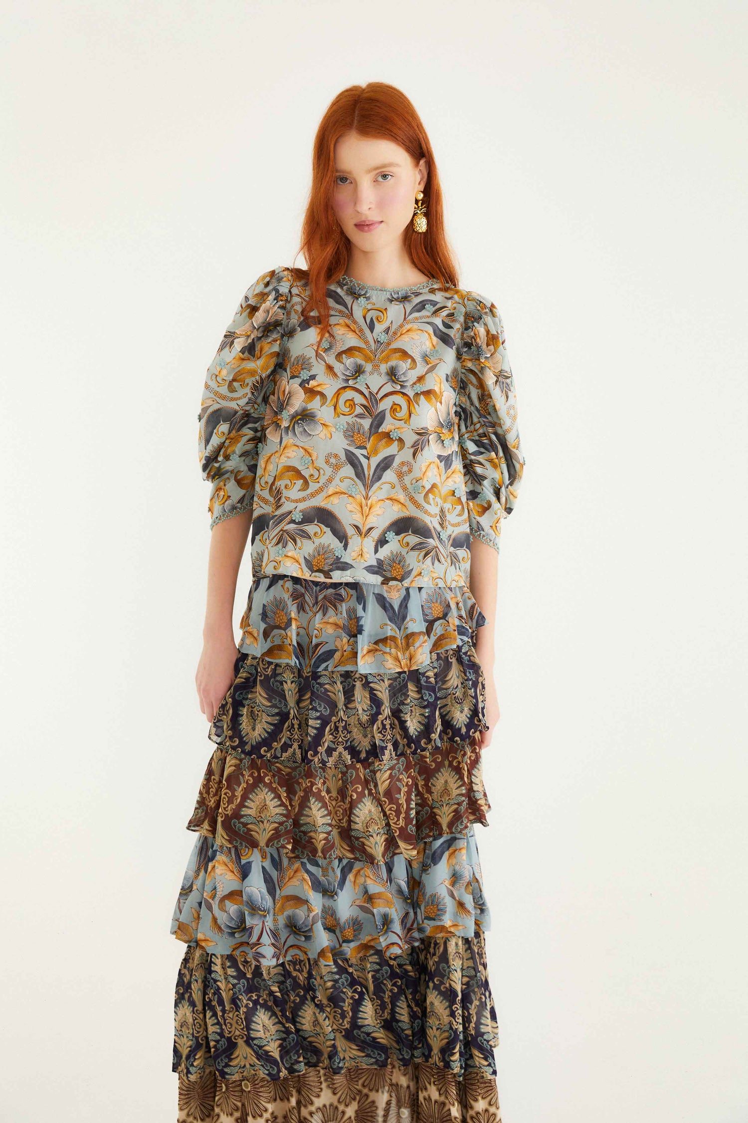 FARM Rio model wearing the Mixed Scarves Ruffled Maxi Skirt