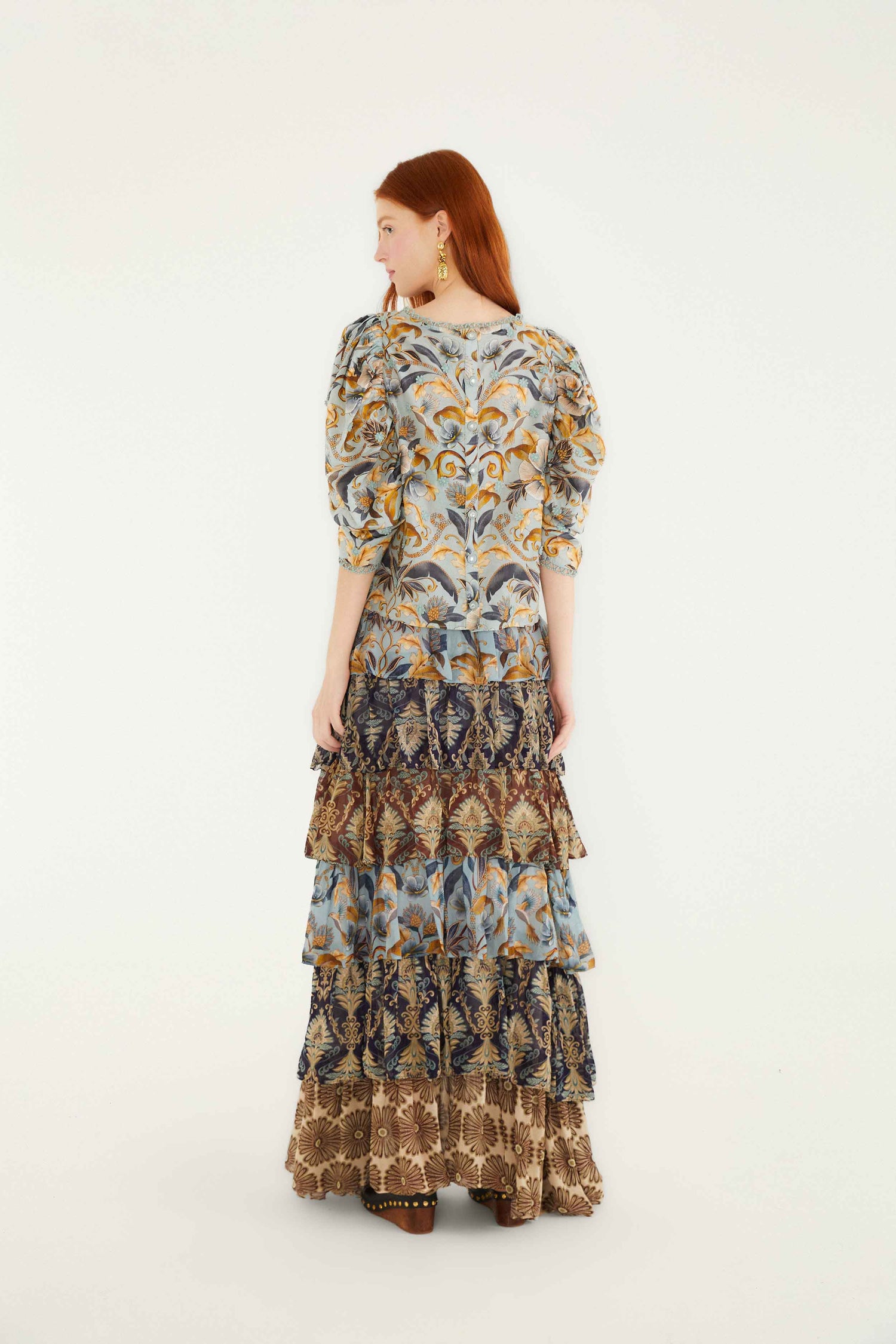 Mixed Scarves Ruffled Maxi Skirt