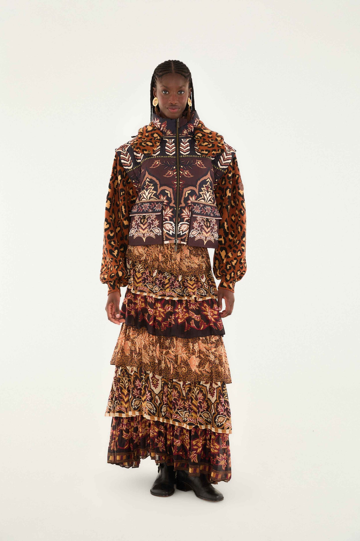 FARM Rio model wearing the Mixed Scarves Ruffled Maxi Skirt