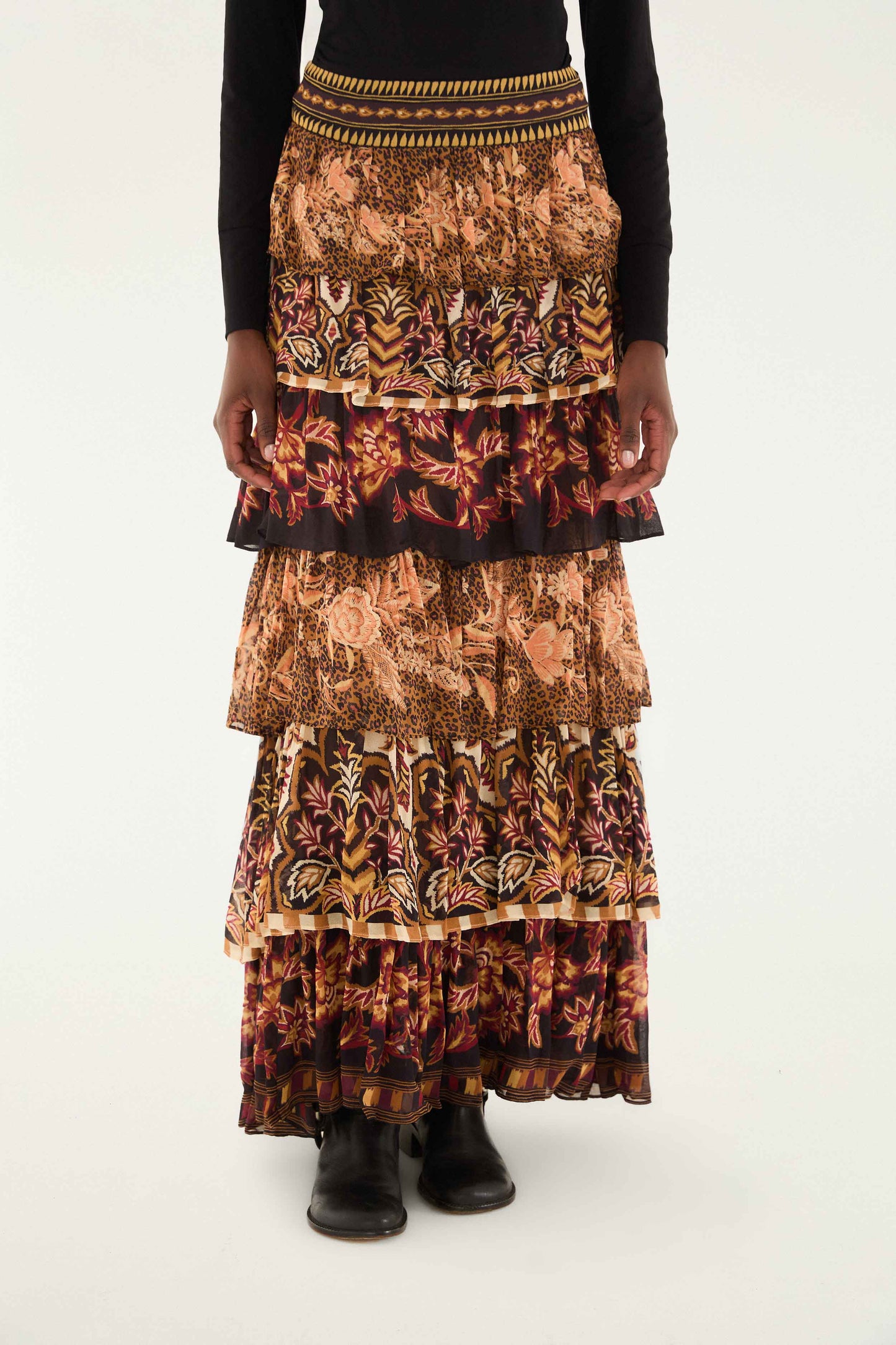 FARM Rio model wearing the Mixed Scarves Ruffled Maxi Skirt