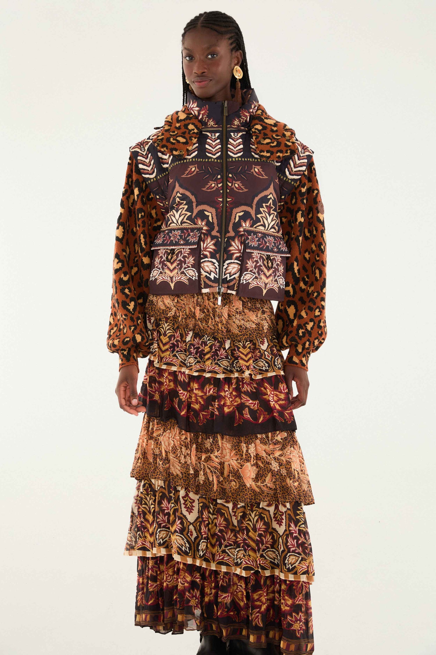 FARM Rio model wearing the Mixed Scarves Ruffled Maxi Skirt