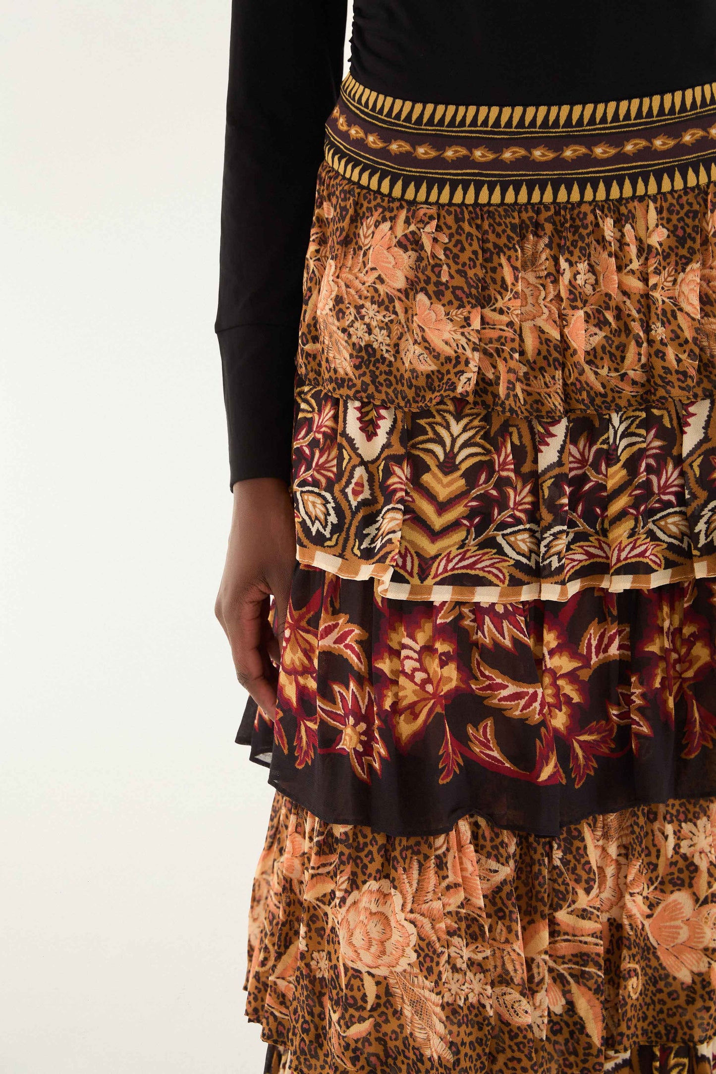 FARM Rio model wearing the Mixed Scarves Ruffled Maxi Skirt