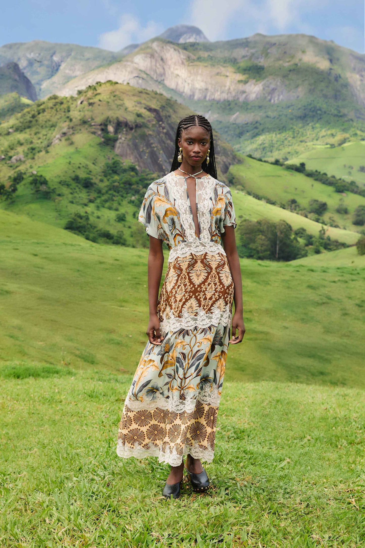 FARM Rio model wearing the Mixed Snake Garden Maxi Dress