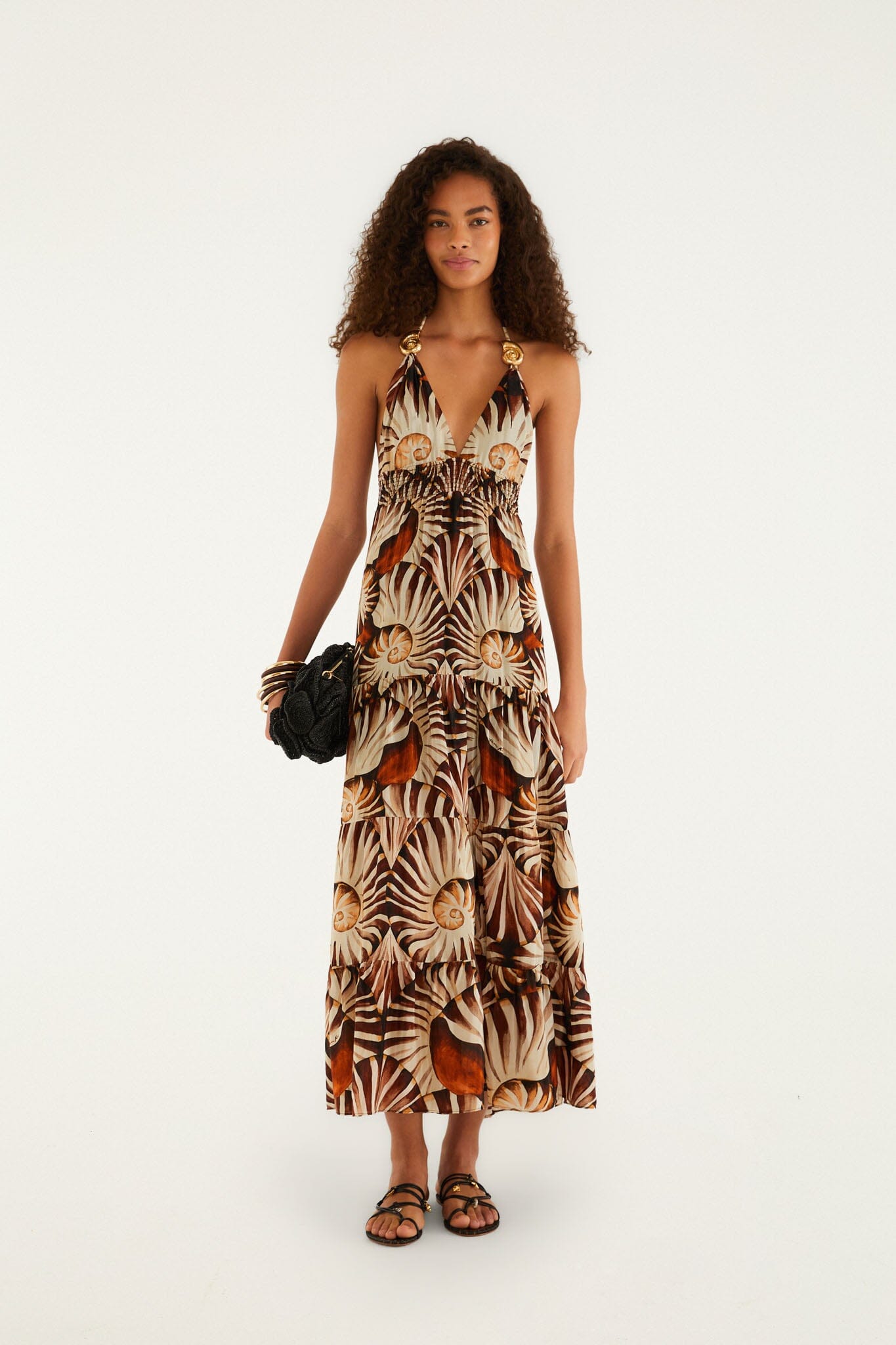 FARM Rio model wearing the Multicolor Ammonite Tassel Smocked Maxi Dress