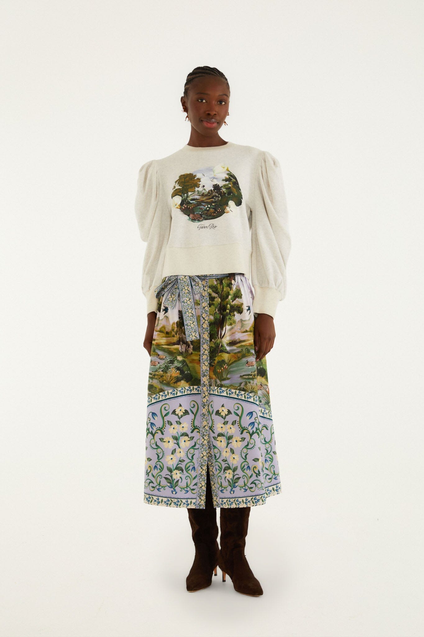 FARM Rio model wearing the Multicolor Countryside Landscape Belted Midi Skirt