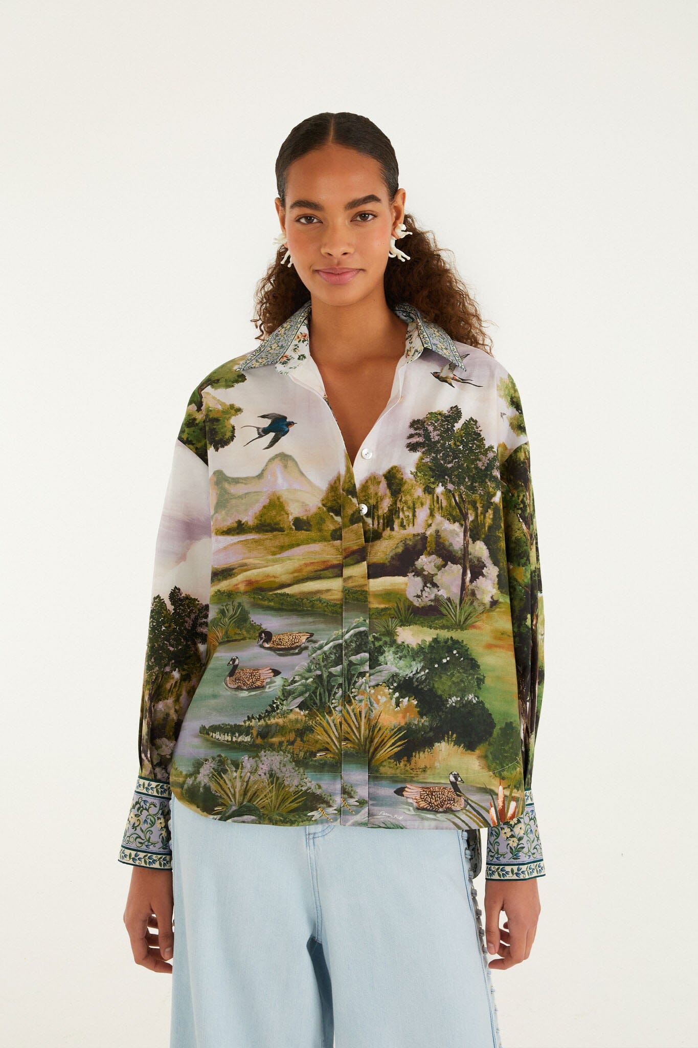 FARM Rio model wearing the Multicolor Countryside Landscape Buttoned Shirt