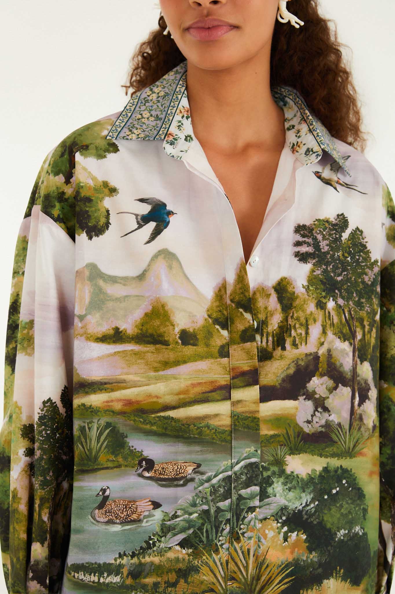 FARM Rio model wearing the Multicolor Countryside Landscape Buttoned Shirt