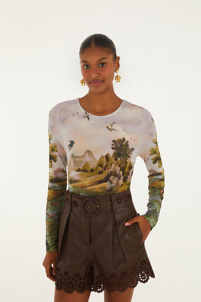 Multicolor Countryside Landscape Long Sleeve Jersey Blouse | FARM Rio