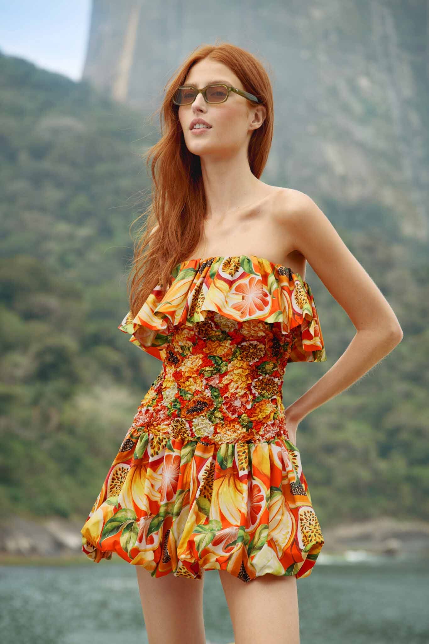 orange fruit dress Multicolor Fruit Garden Red Smocked Balloon Mini Dress