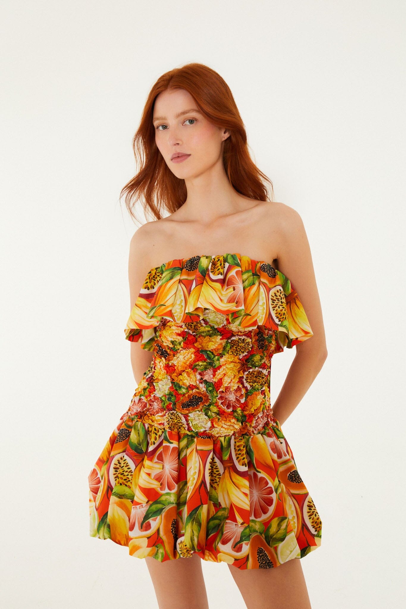 balloon mini dress Multicolor Fruit Garden Red Smocked Balloon Mini Dress