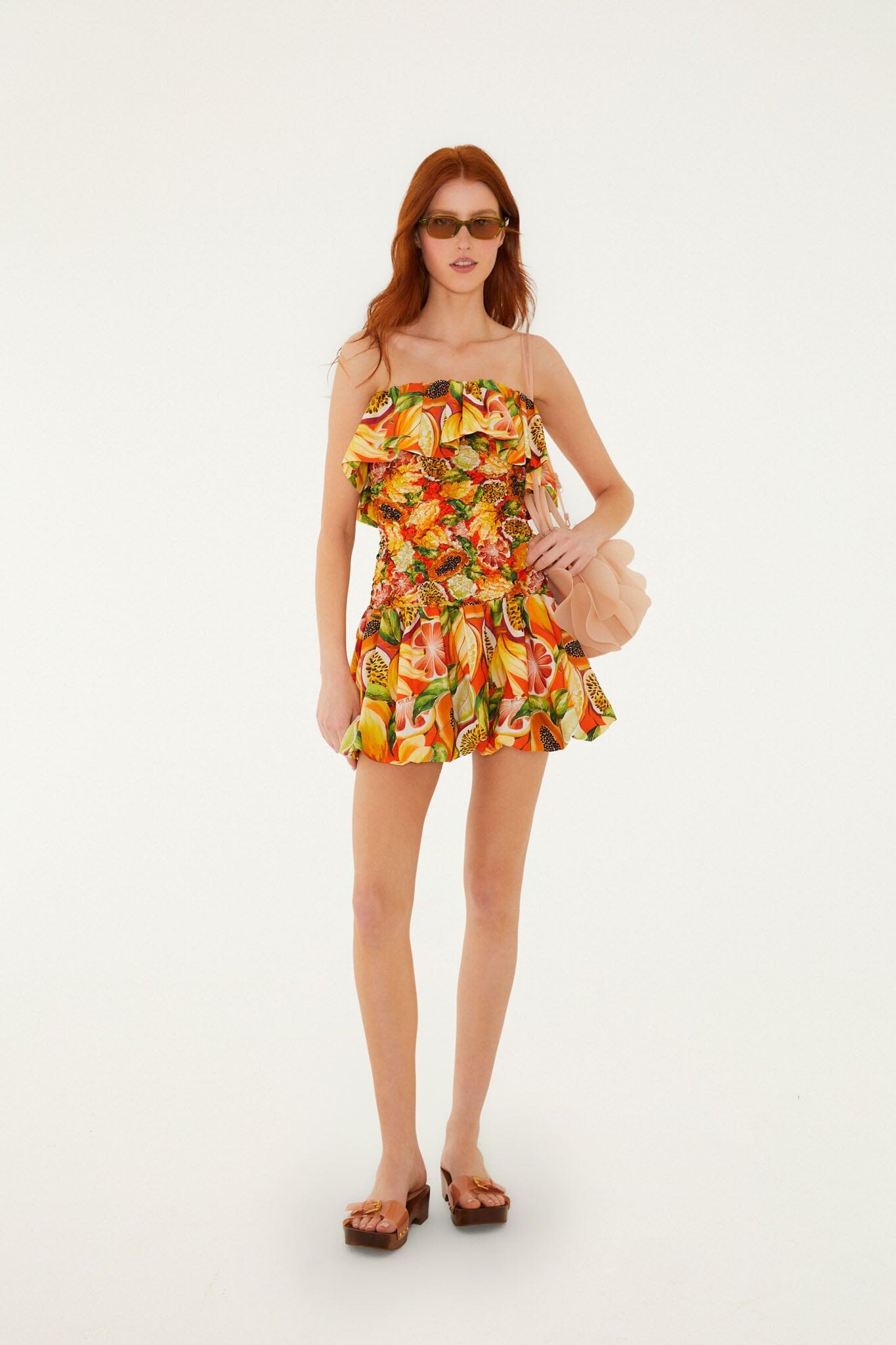 FARM Rio model wearing the Multicolor Fruit Garden Red Smocked Balloon Mini Dress
