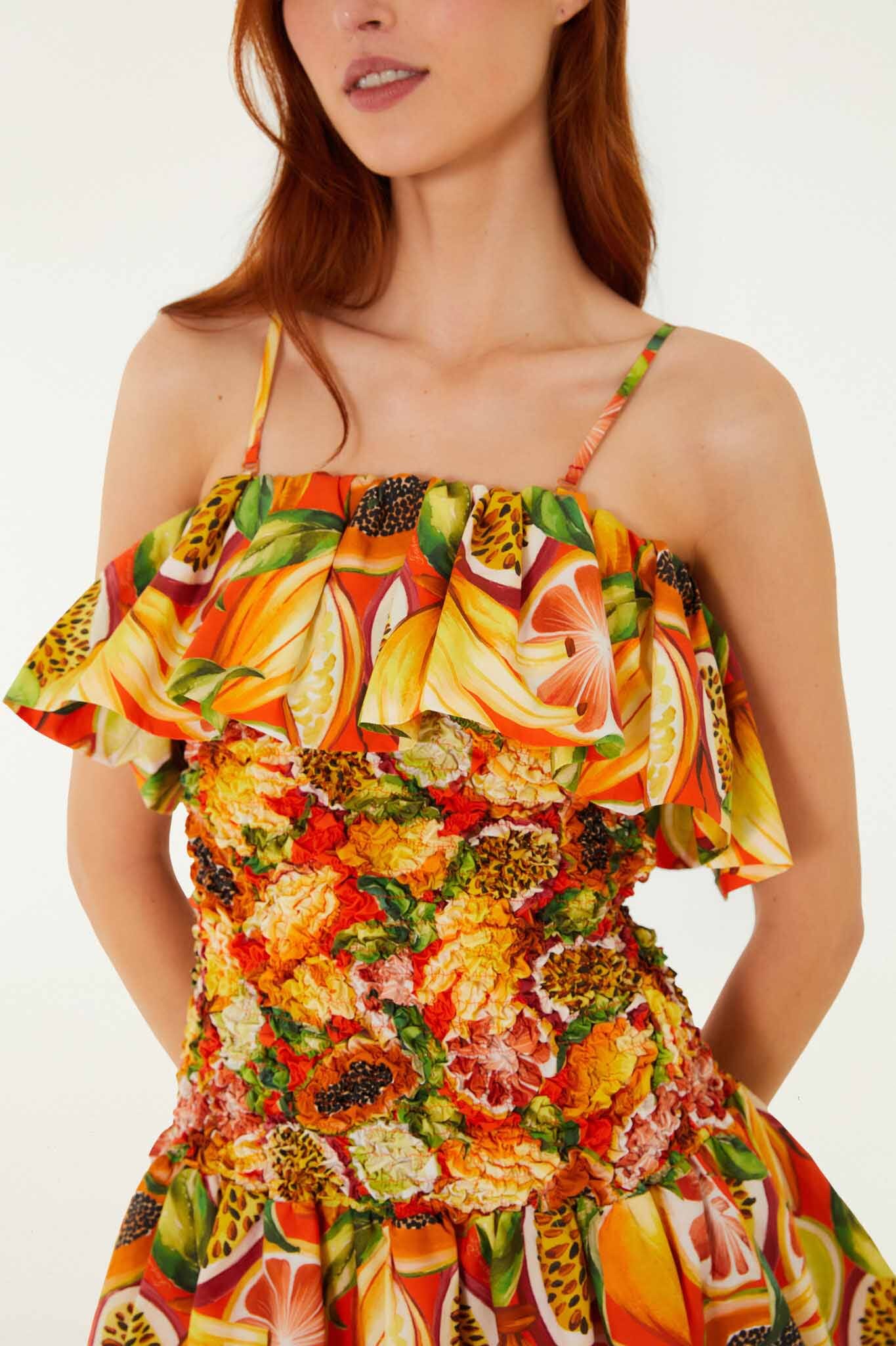FARM Rio model wearing the Multicolor Fruit Garden Red Smocked Balloon Mini Dress