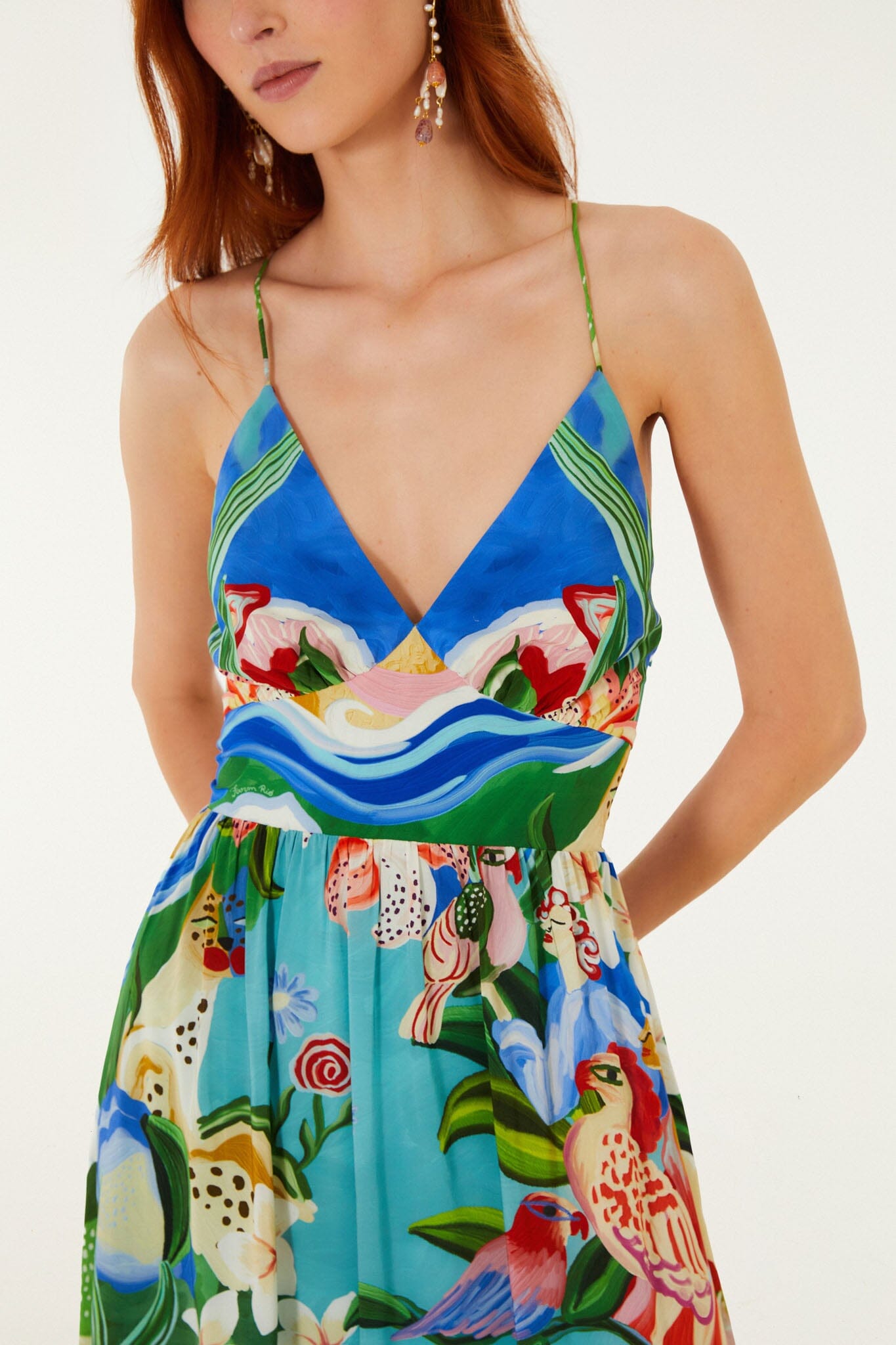FARM Rio model wearing the Multicolor Garden Of Life Back Ties Midi Dress