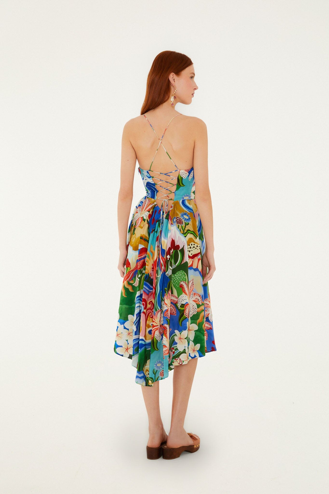 FARM Rio model wearing the Multicolor Garden Of Life Back Ties Midi Dress