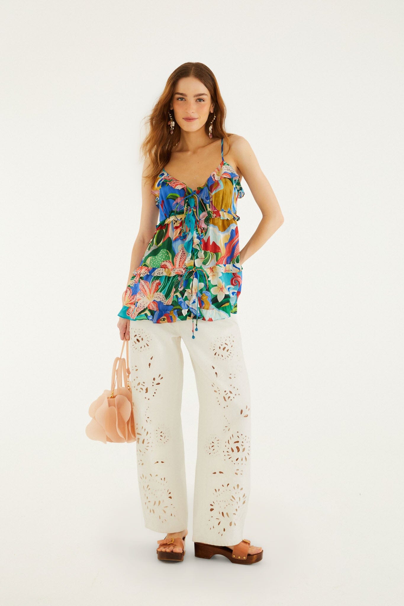 FARM Rio model wearing the Multicolor Garden Of Life Front Ties Ruffled Blouse
