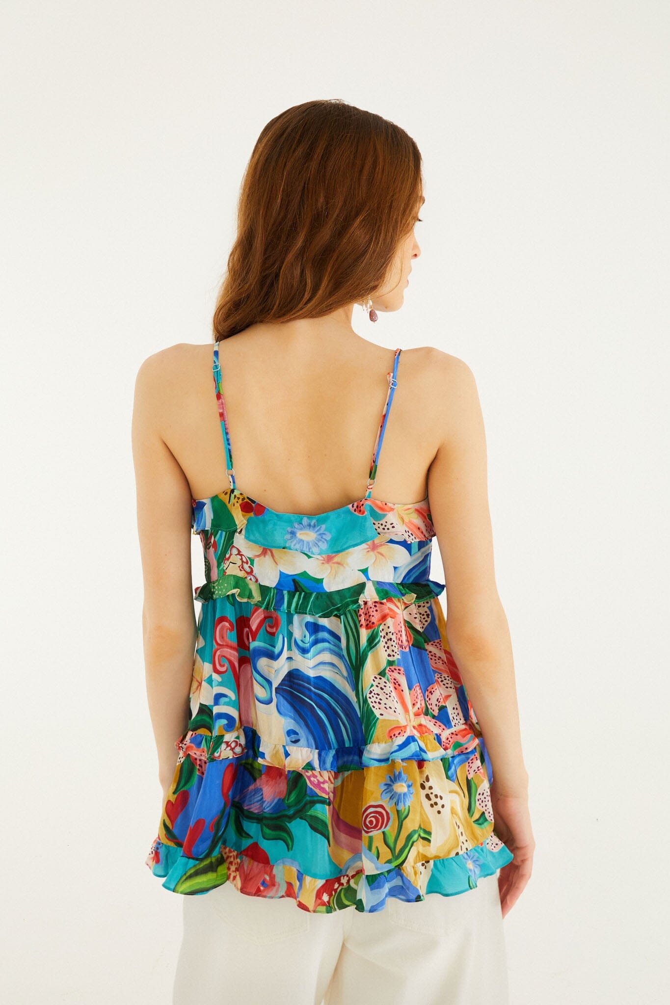 FARM Rio model wearing the Multicolor Garden Of Life Front Ties Ruffled Blouse