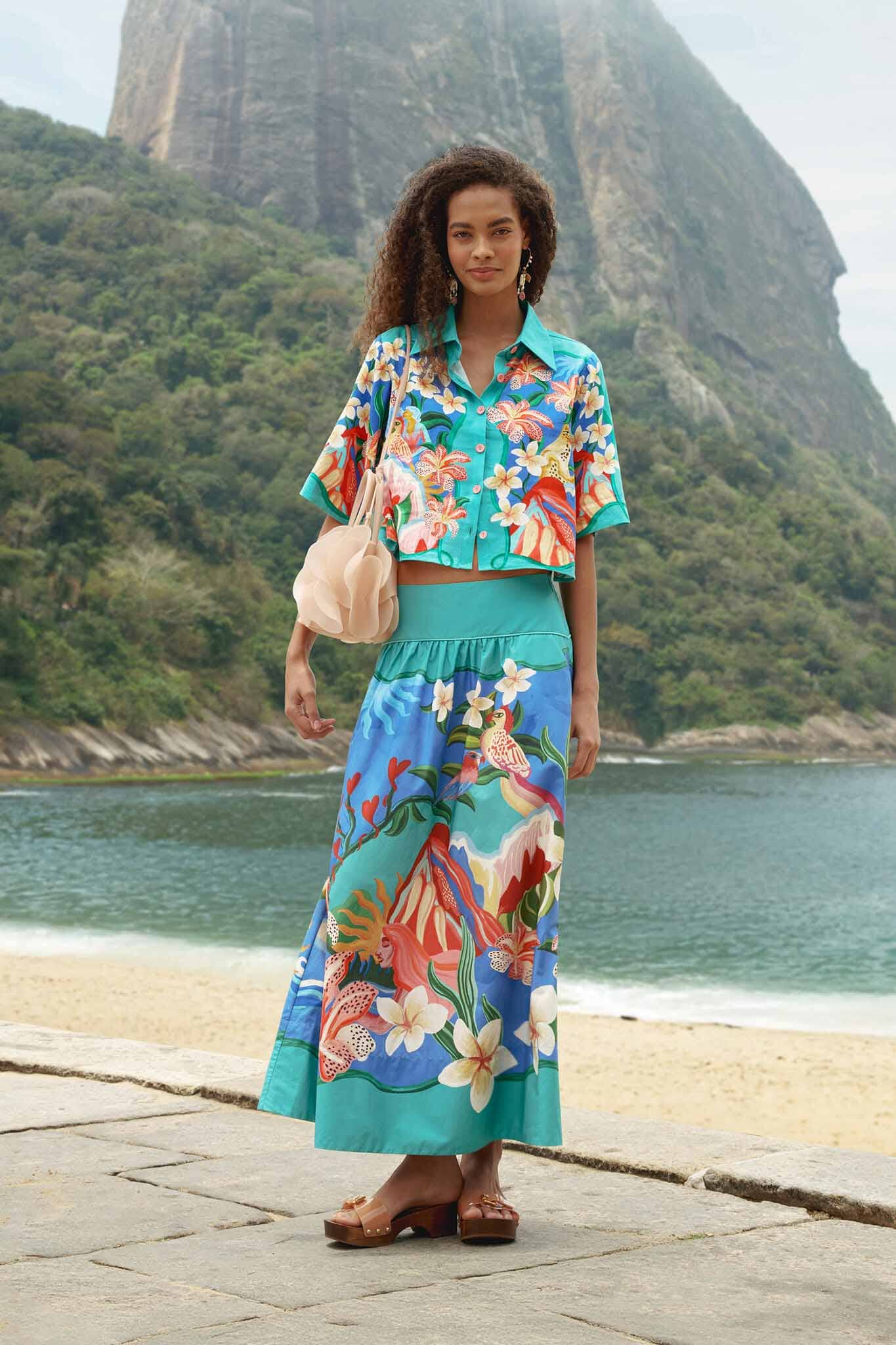 FARM Rio model wearing the Multicolor Garden Of Life Pockets Midi Skirt